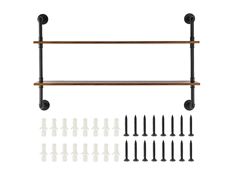 Industrialna Półka Ścienna w Tubie SucceBuy, 124,5x26 cm, 2 Poziomy, Rustykalna Drewniana Półka Ścienna, Czarna