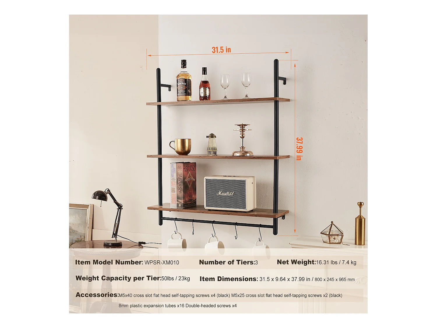 Industrielles Rohr-Wandregal SucceBuy, 80x24,5 cm, 3 Ebenen, Rustikales Wandaufbewahrungshalter aus Holz