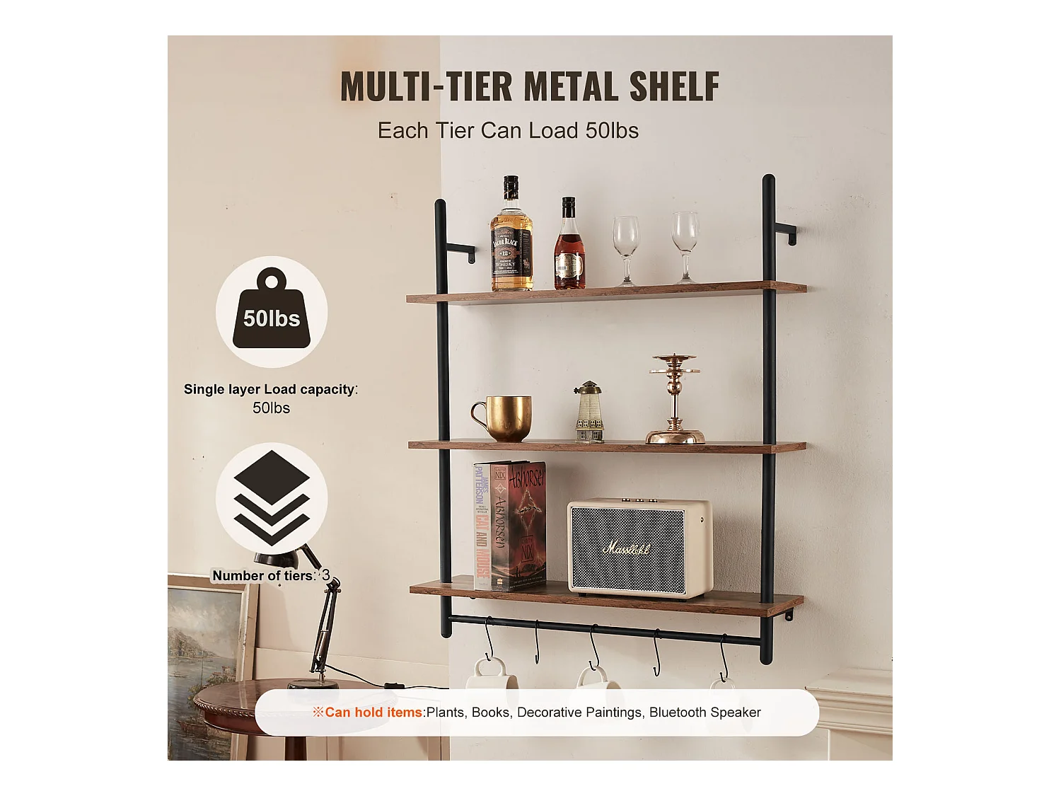 Industrielles Rohr-Wandregal SucceBuy, 80x24,5 cm, 3 Ebenen, Rustikales Wandaufbewahrungshalter aus Holz