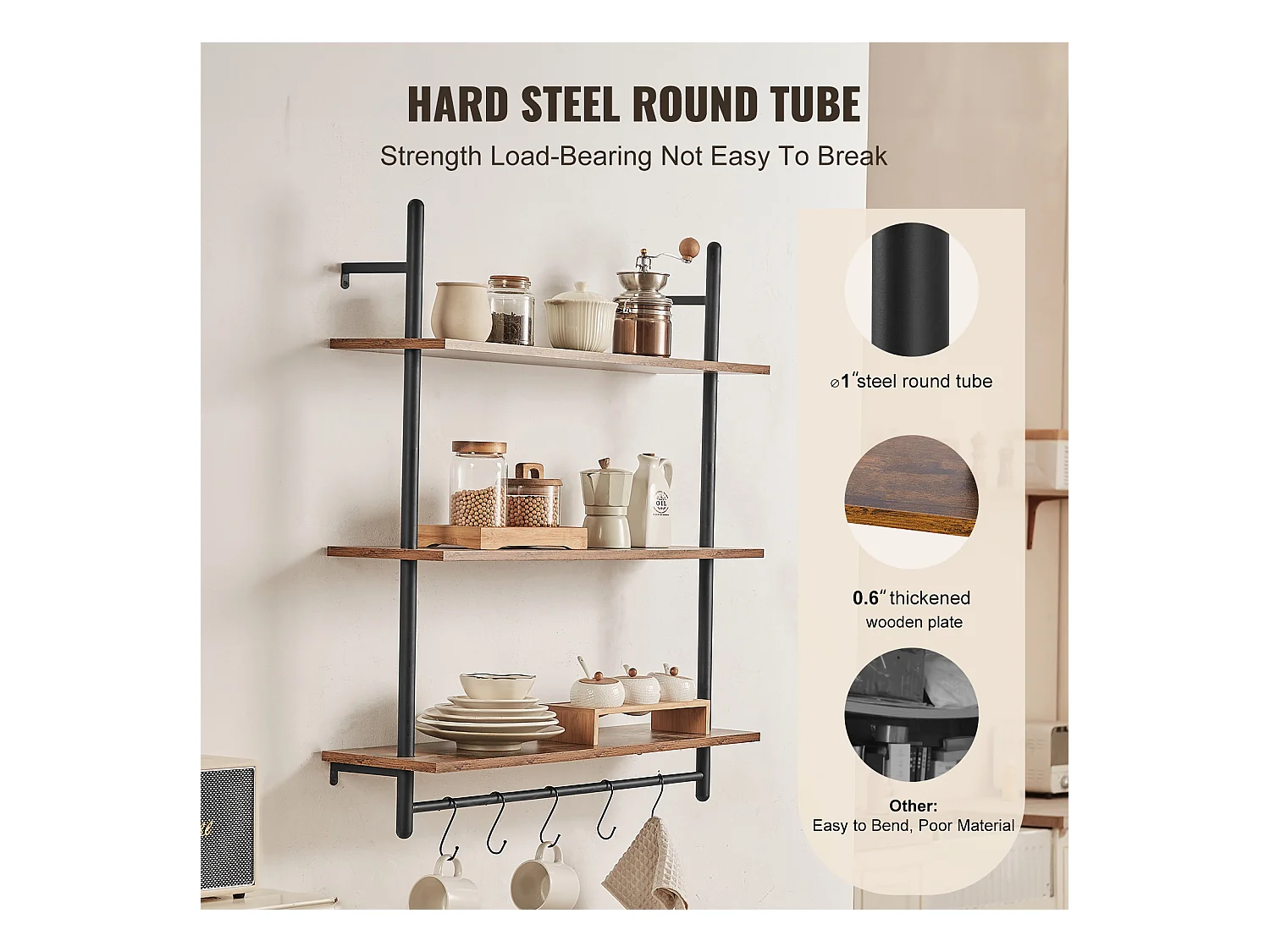 Industrielles Rohr-Wandregal SucceBuy, 80x24,5 cm, 3 Ebenen, Rustikales Wandaufbewahrungshalter aus Holz