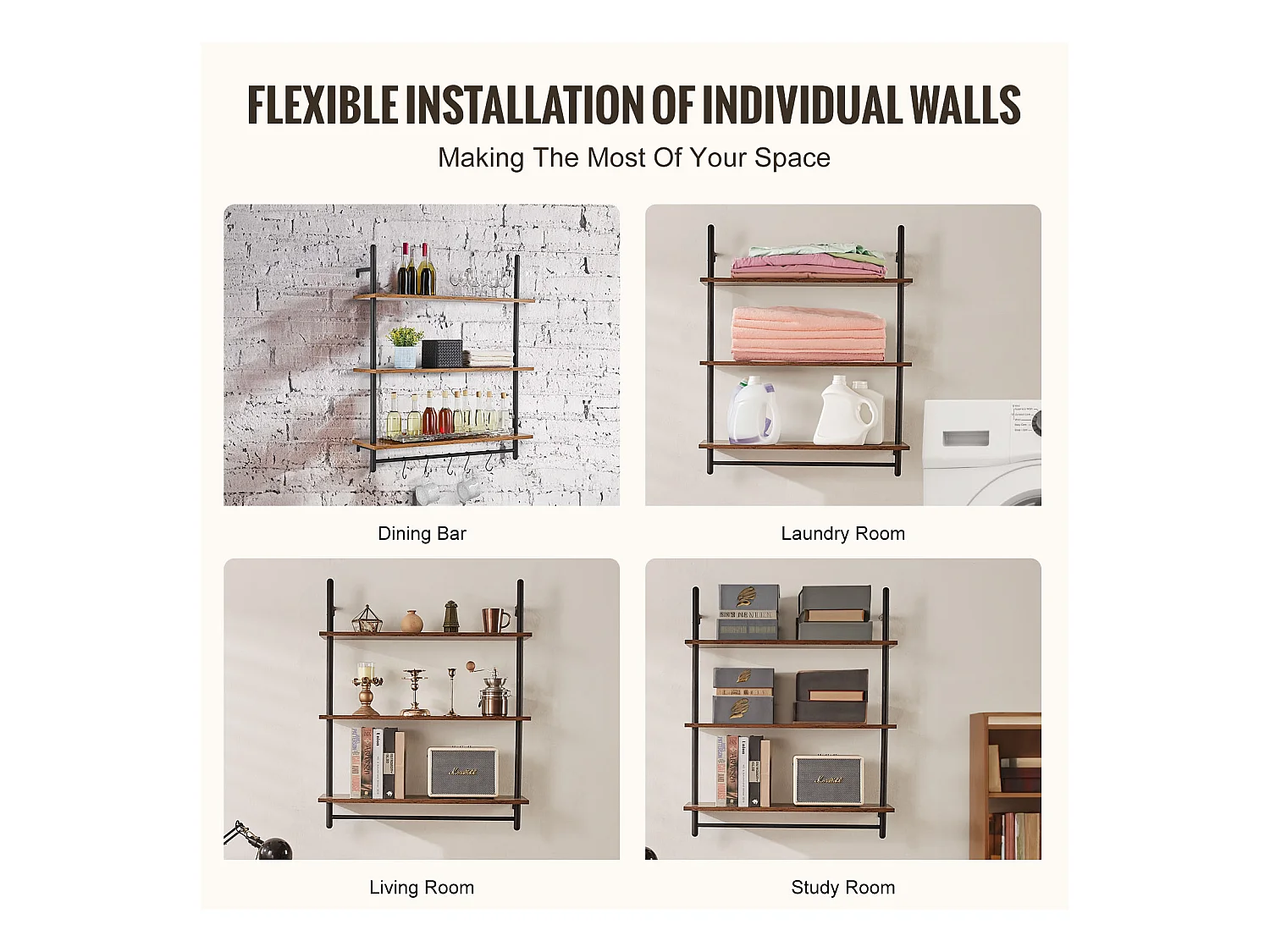 Industrielles Rohr-Wandregal SucceBuy, 80x24,5 cm, 3 Ebenen, Rustikales Wandaufbewahrungshalter aus Holz