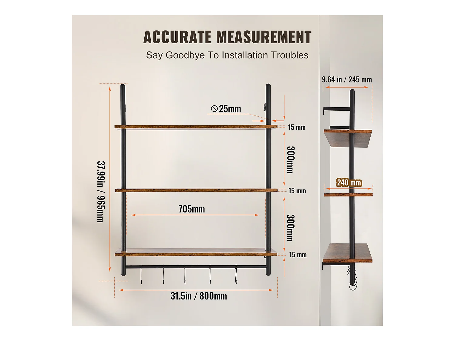 Industrielles Rohr-Wandregal SucceBuy, 80x24,5 cm, 3 Ebenen, Rustikales Wandaufbewahrungshalter aus Holz