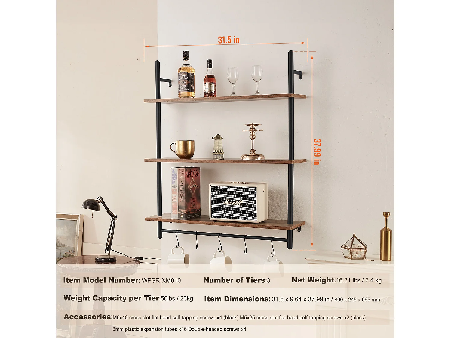 Étagère Murale Tuyau Industrielle SucceBuy, 80x24,5 cm, 3 Niveaux, Support de Rangement Mural en Bois Rustique