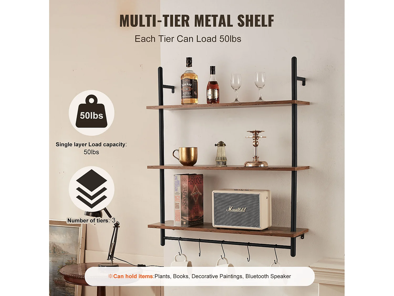 Étagère Murale Tuyau Industrielle SucceBuy, 80x24,5 cm, 3 Niveaux, Support de Rangement Mural en Bois Rustique