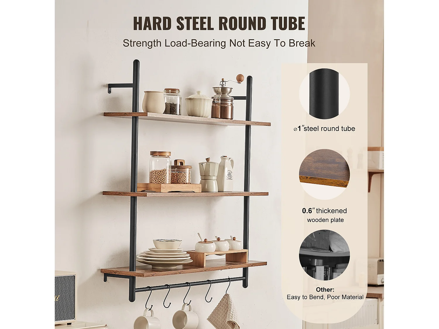 Étagère Murale Tuyau Industrielle SucceBuy, 80x24,5 cm, 3 Niveaux, Support de Rangement Mural en Bois Rustique