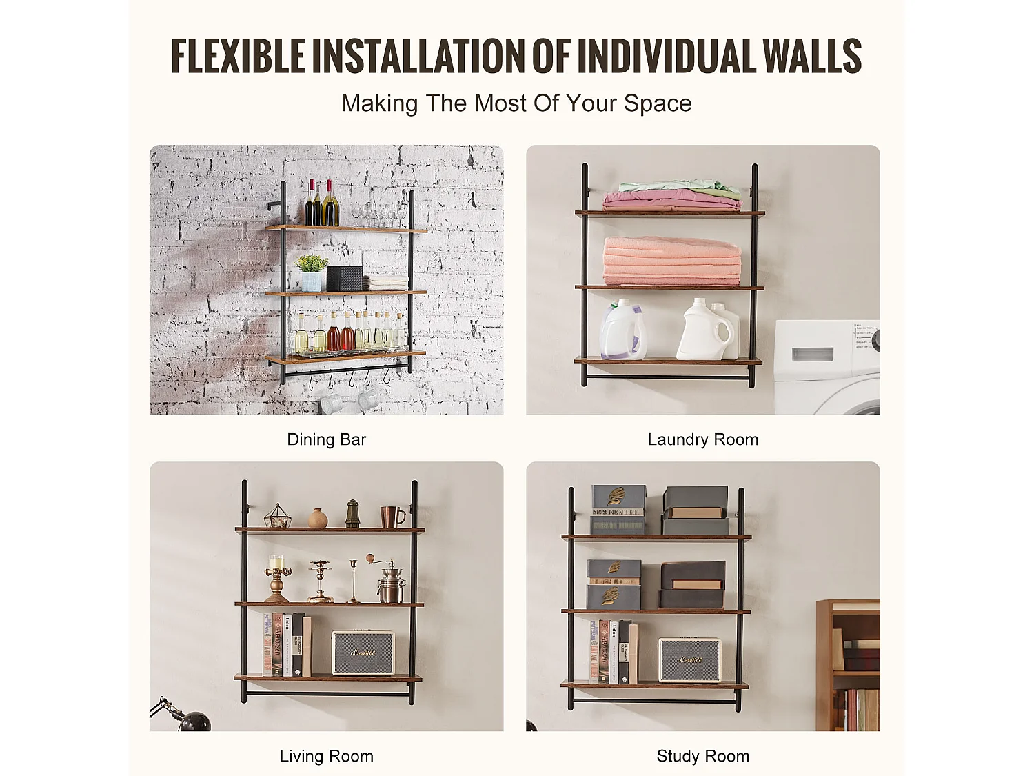 Étagère Murale Tuyau Industrielle SucceBuy, 80x24,5 cm, 3 Niveaux, Support de Rangement Mural en Bois Rustique