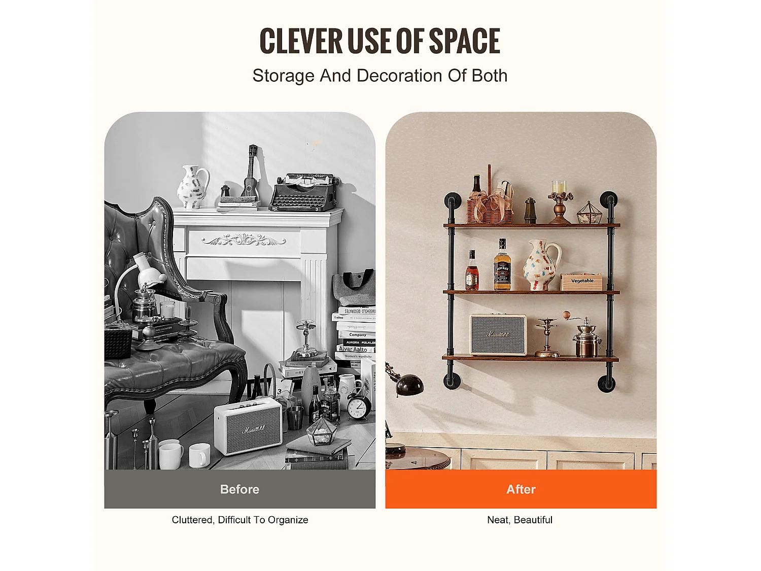 Étagère Murale Tuyau Industrielle SucceBuy, 80x24,5 cm, 3 Niveaux, Support de Rangement Mural en Bois Rustique