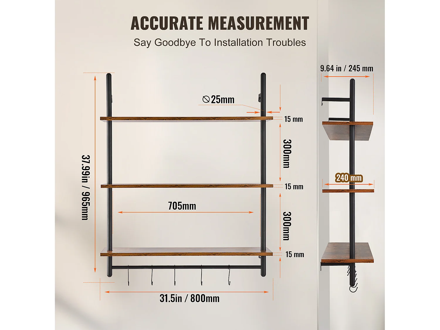 Étagère Murale Tuyau Industrielle SucceBuy, 80x24,5 cm, 3 Niveaux, Support de Rangement Mural en Bois Rustique