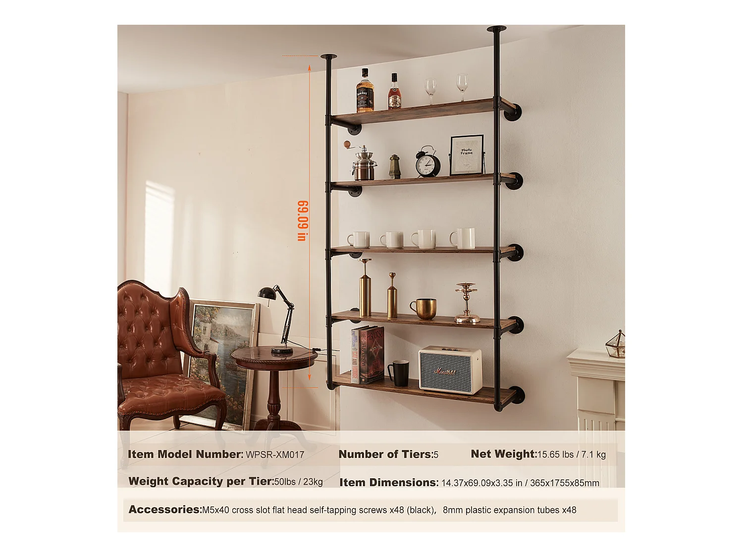 Étagère Murale Tuyau Industrielle SucceBuy, 5 Niveaux, Lot de 2, pour Planche 30 cm, Montage Mural, Rangement, Métal