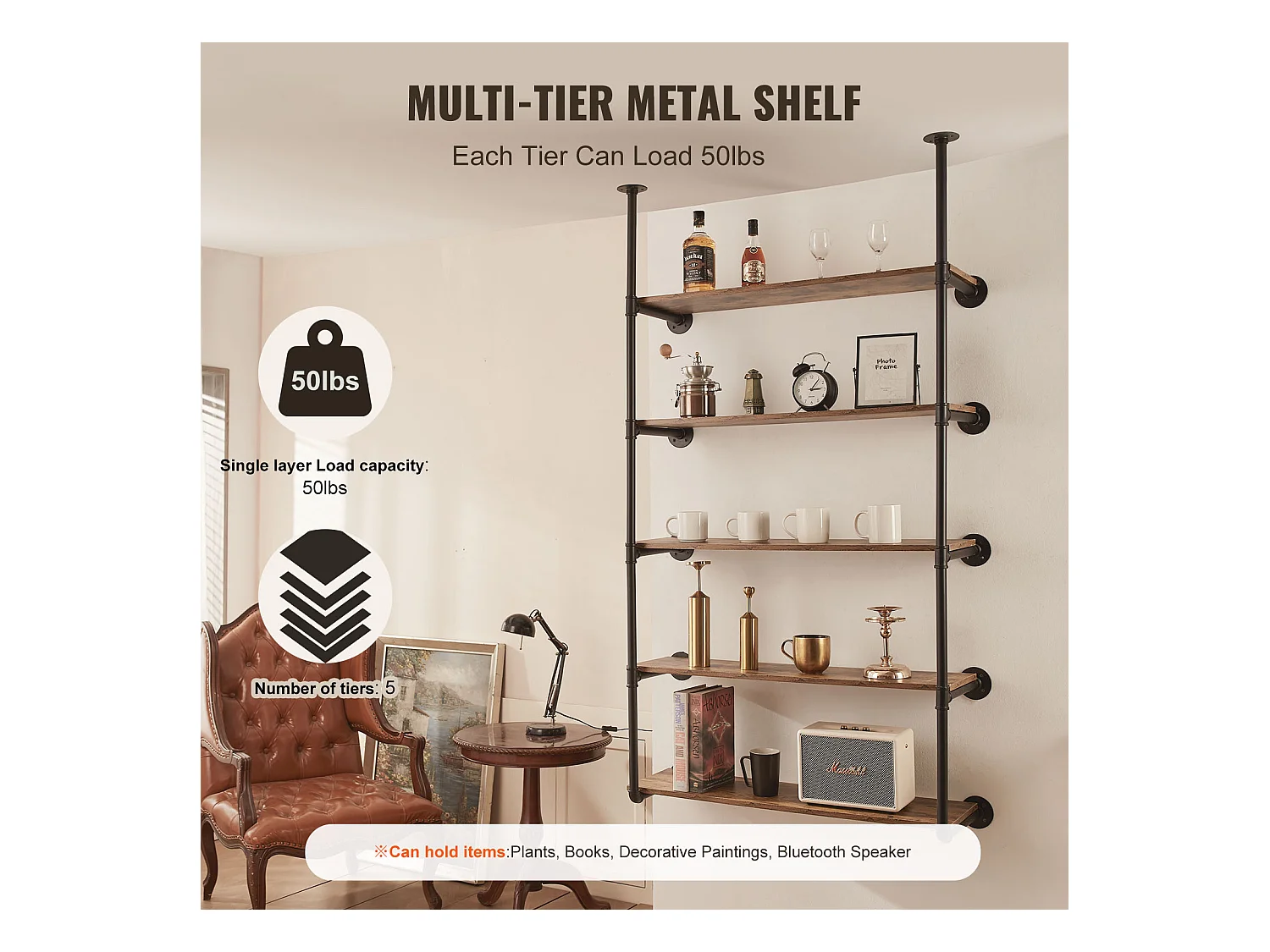 Étagère Murale Tuyau Industrielle SucceBuy, 5 Niveaux, Lot de 2, pour Planche 30 cm, Montage Mural, Rangement, Métal