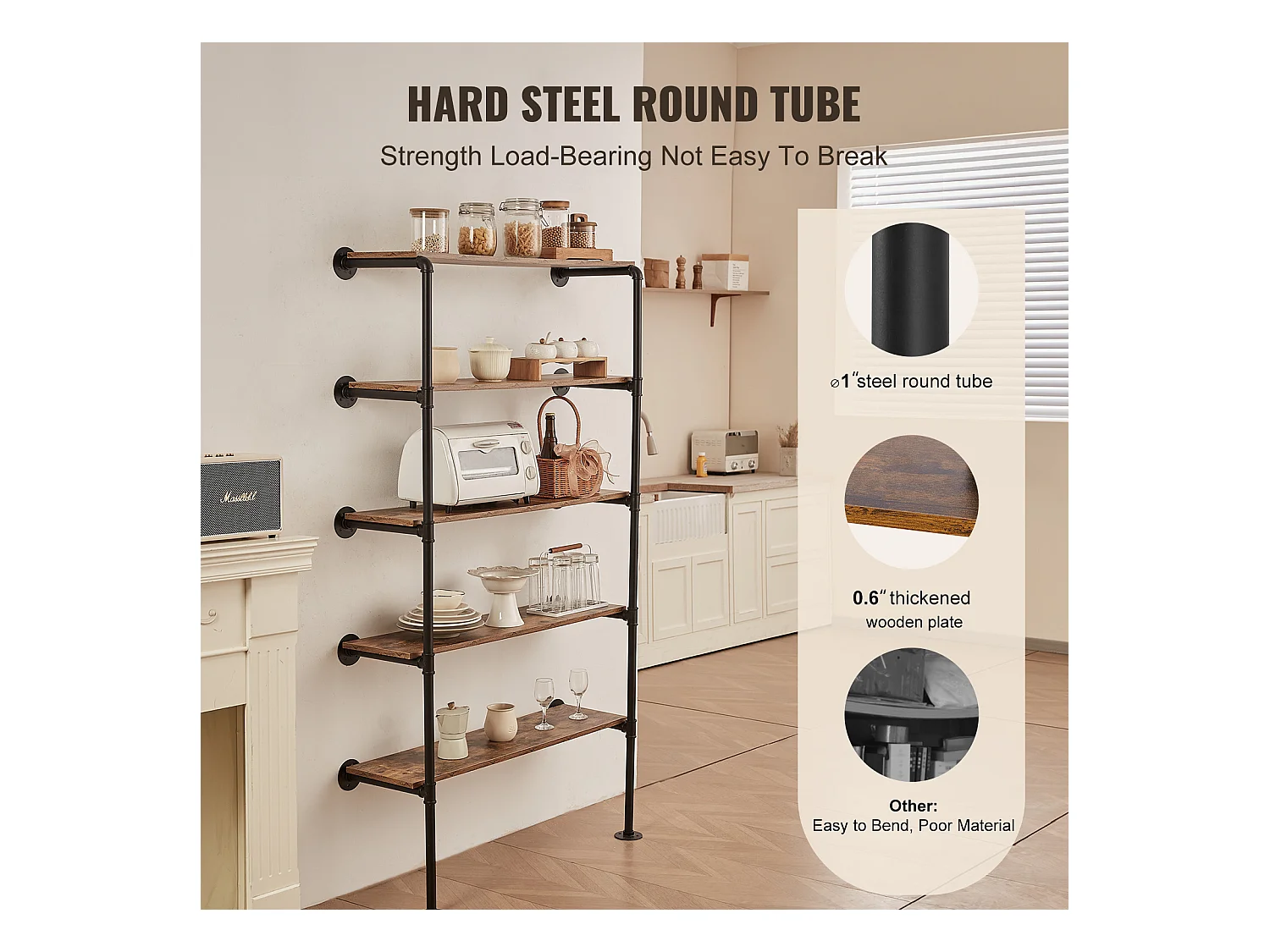 Étagère Murale Tuyau Industrielle SucceBuy, 5 Niveaux, Lot de 2, pour Planche 30 cm, Montage Mural, Rangement, Métal