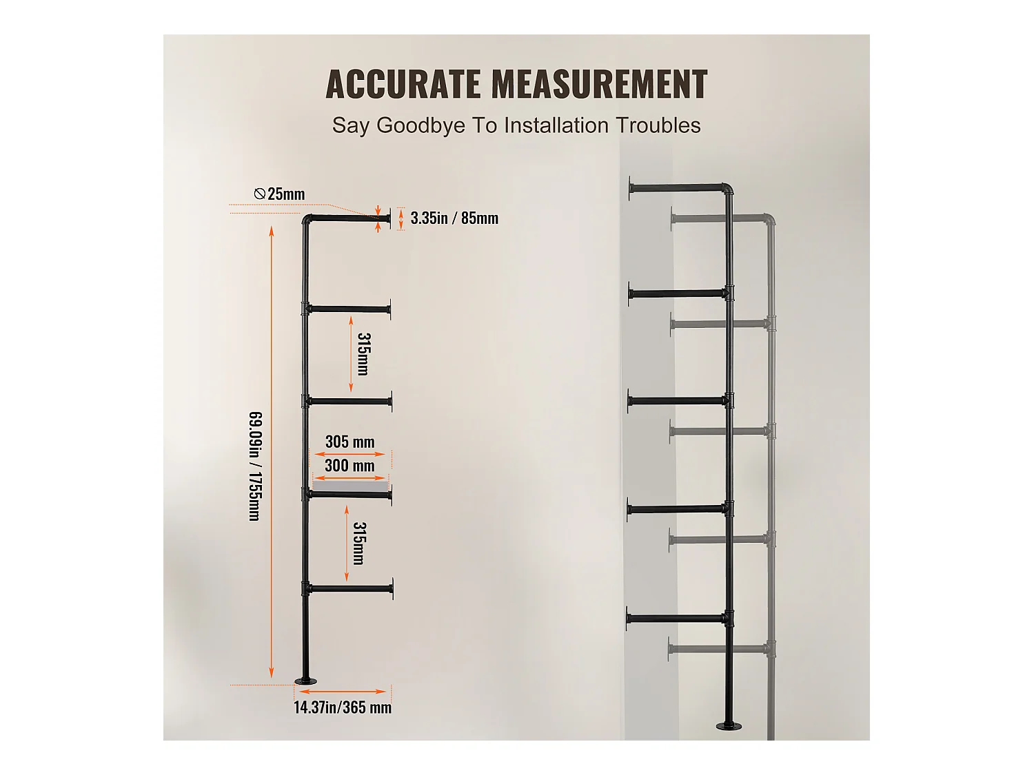 Étagère Murale Tuyau Industrielle SucceBuy, 5 Niveaux, Lot de 2, pour Planche 30 cm, Montage Mural, Rangement, Métal
