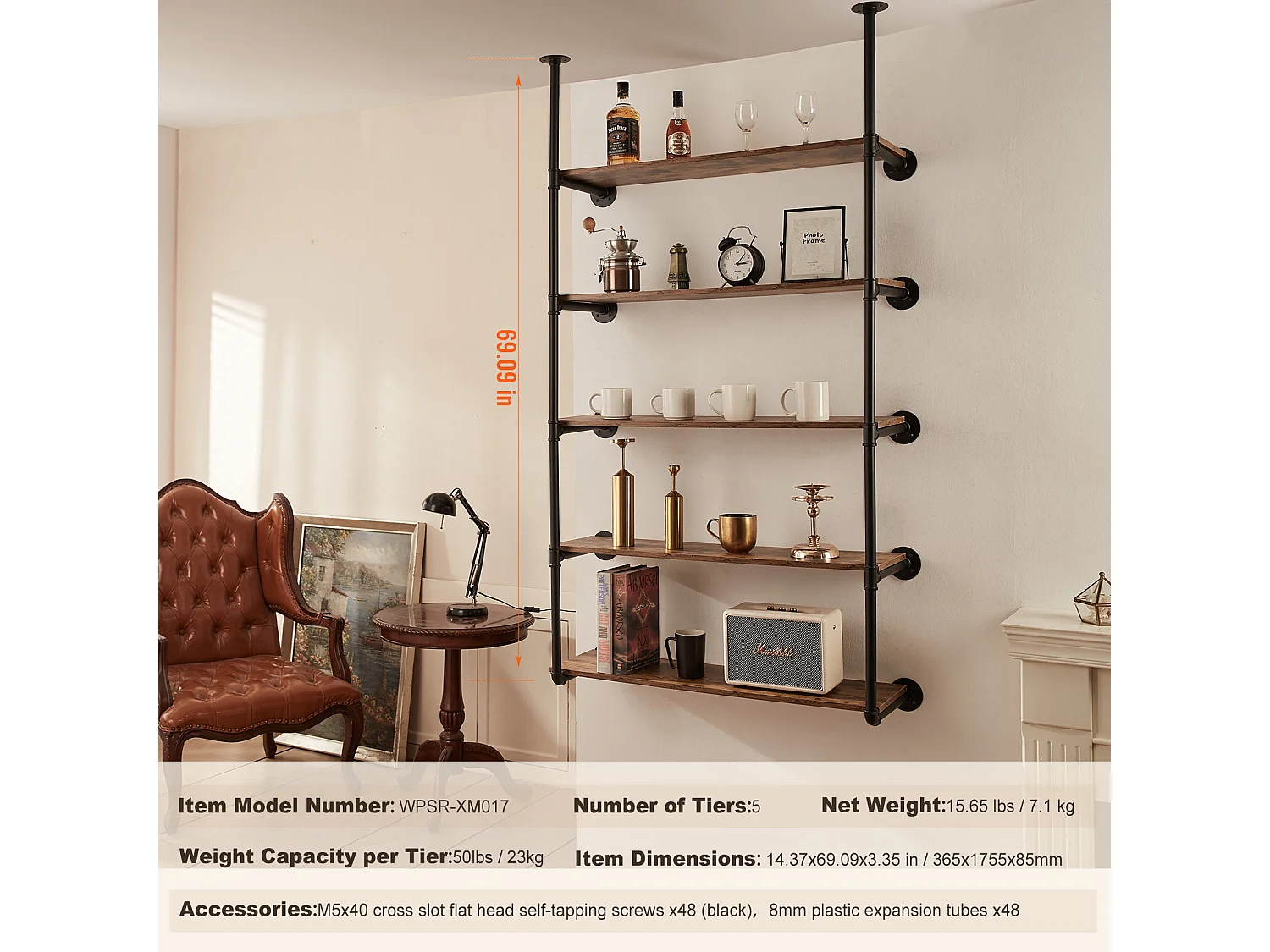 Étagère Murale Tuyau Industrielle SucceBuy, 5 Niveaux, Lot de 2, pour Planche 30 cm, Montage Mural, Rangement, Métal