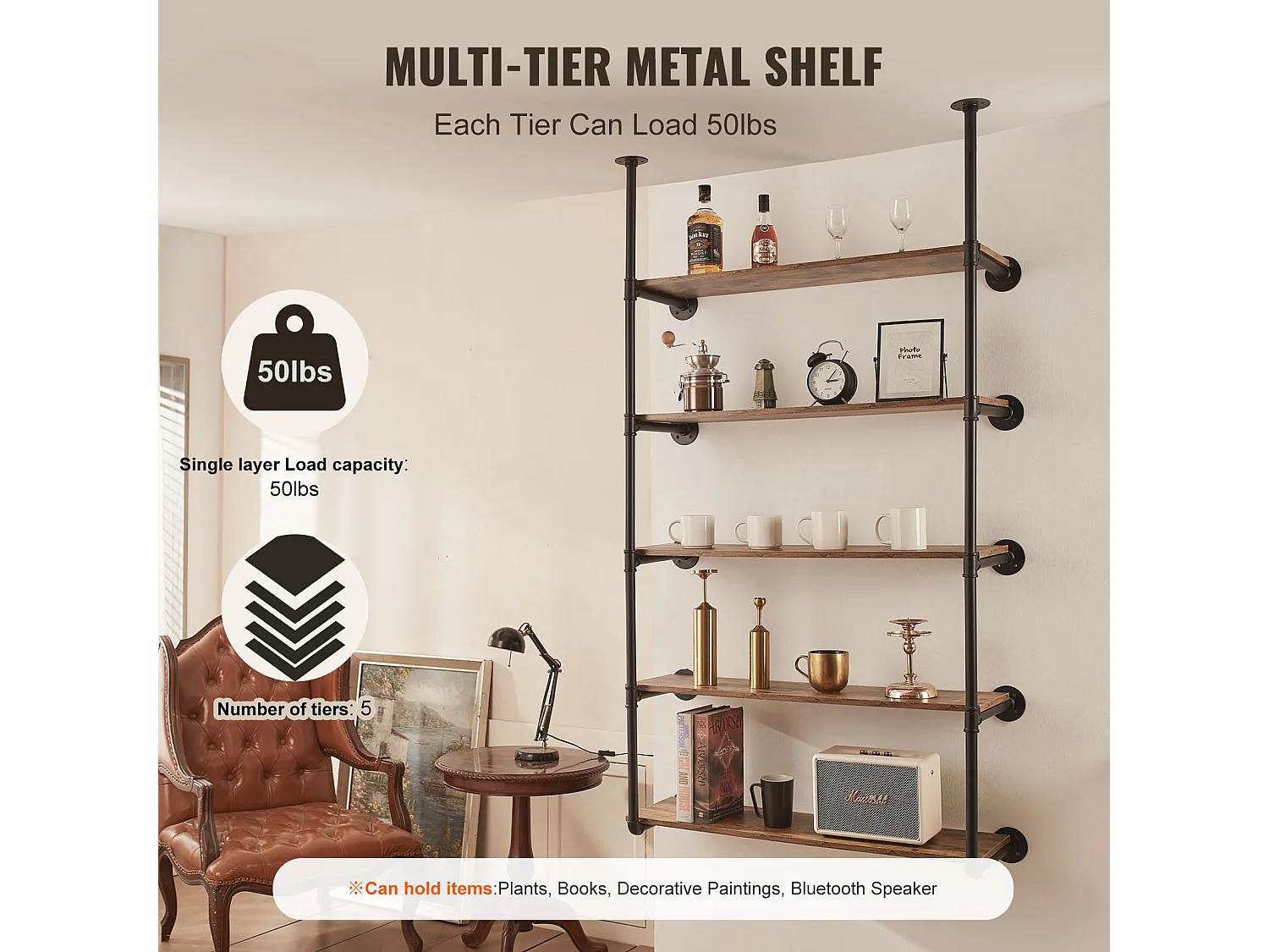 Étagère Murale Tuyau Industrielle SucceBuy, 5 Niveaux, Lot de 2, pour Planche 30 cm, Montage Mural, Rangement, Métal