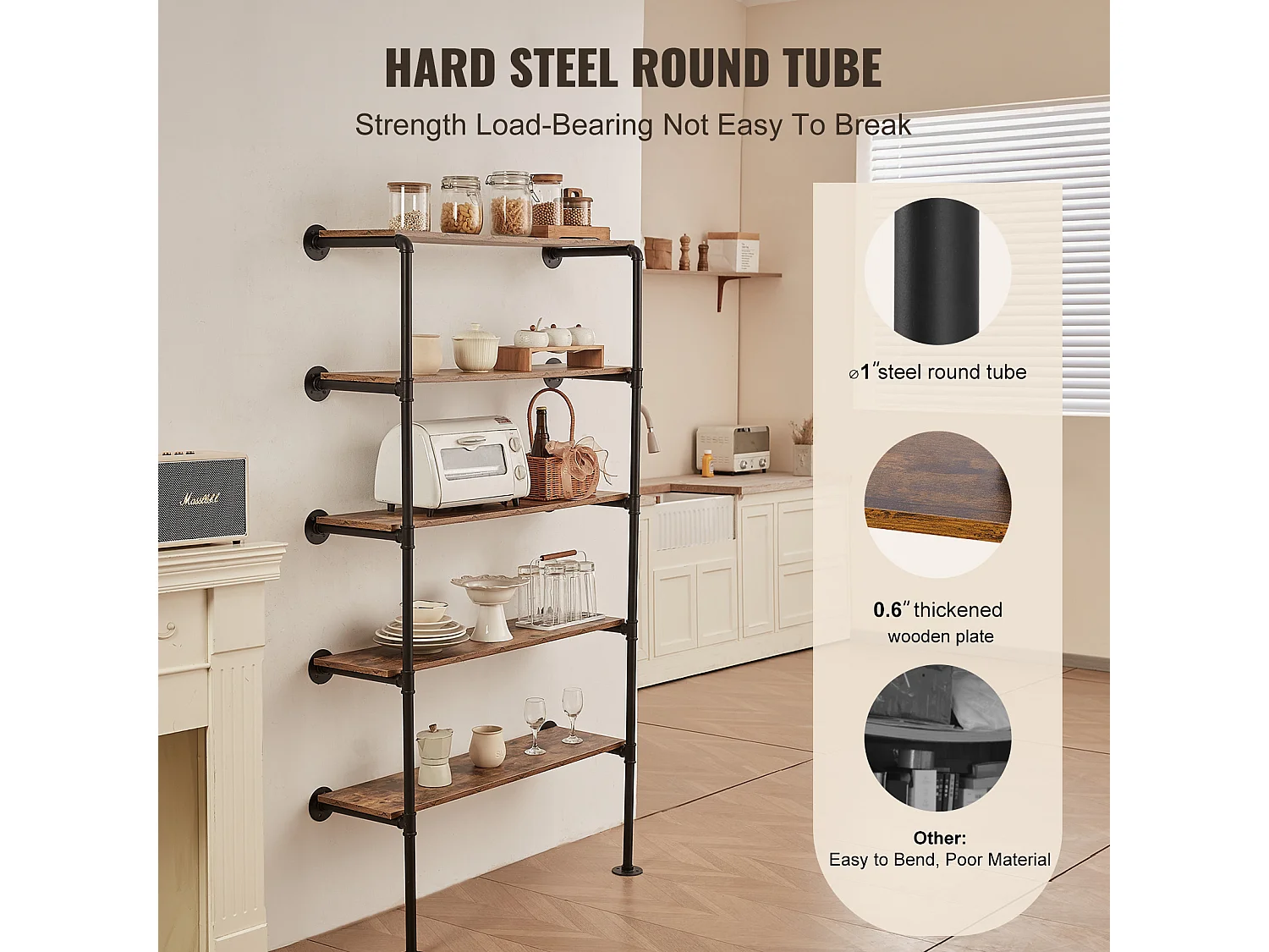 Étagère Murale Tuyau Industrielle SucceBuy, 5 Niveaux, Lot de 2, pour Planche 30 cm, Montage Mural, Rangement, Métal