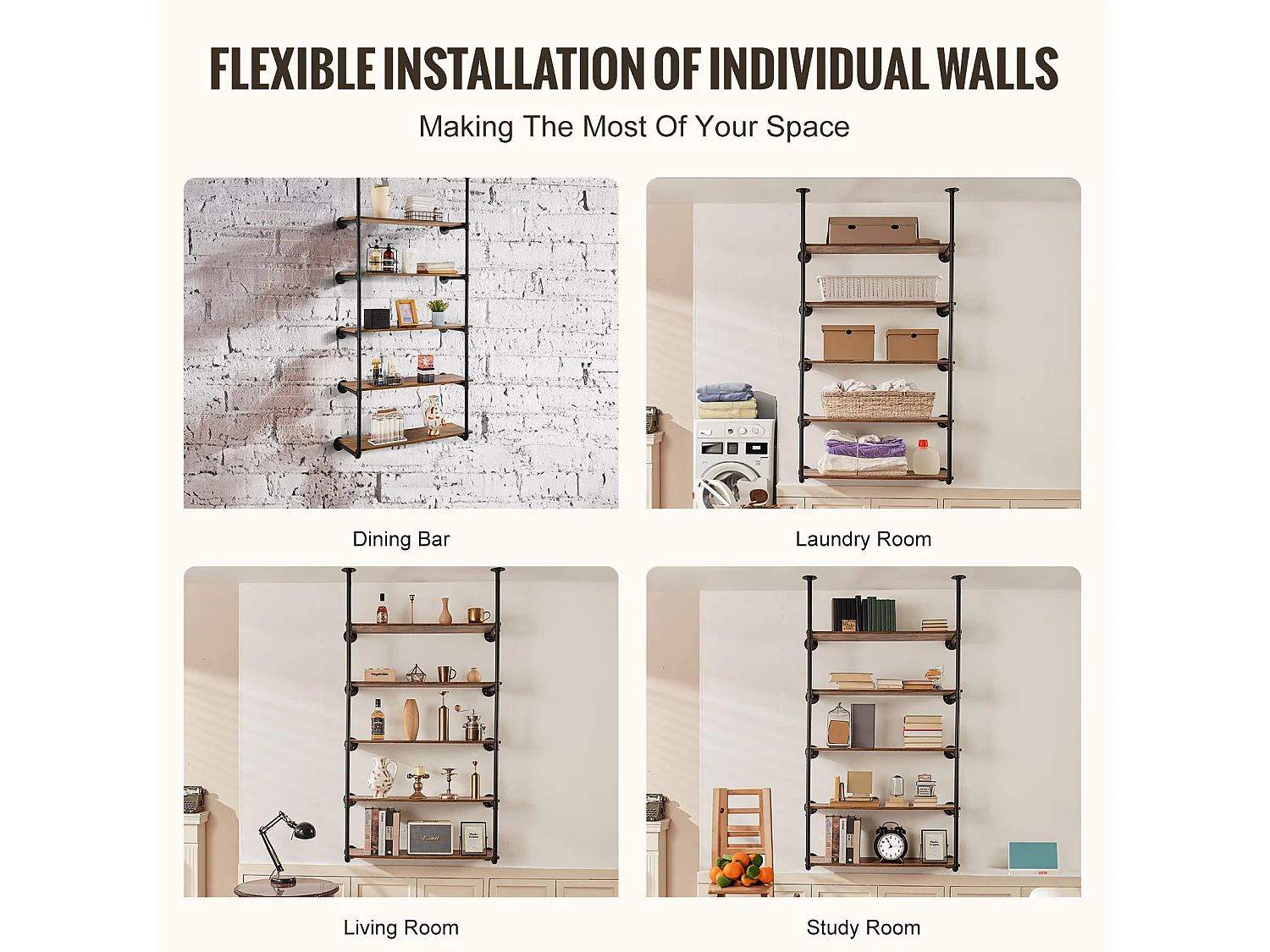 Étagère Murale Tuyau Industrielle SucceBuy, 5 Niveaux, Lot de 2, pour Planche 30 cm, Montage Mural, Rangement, Métal