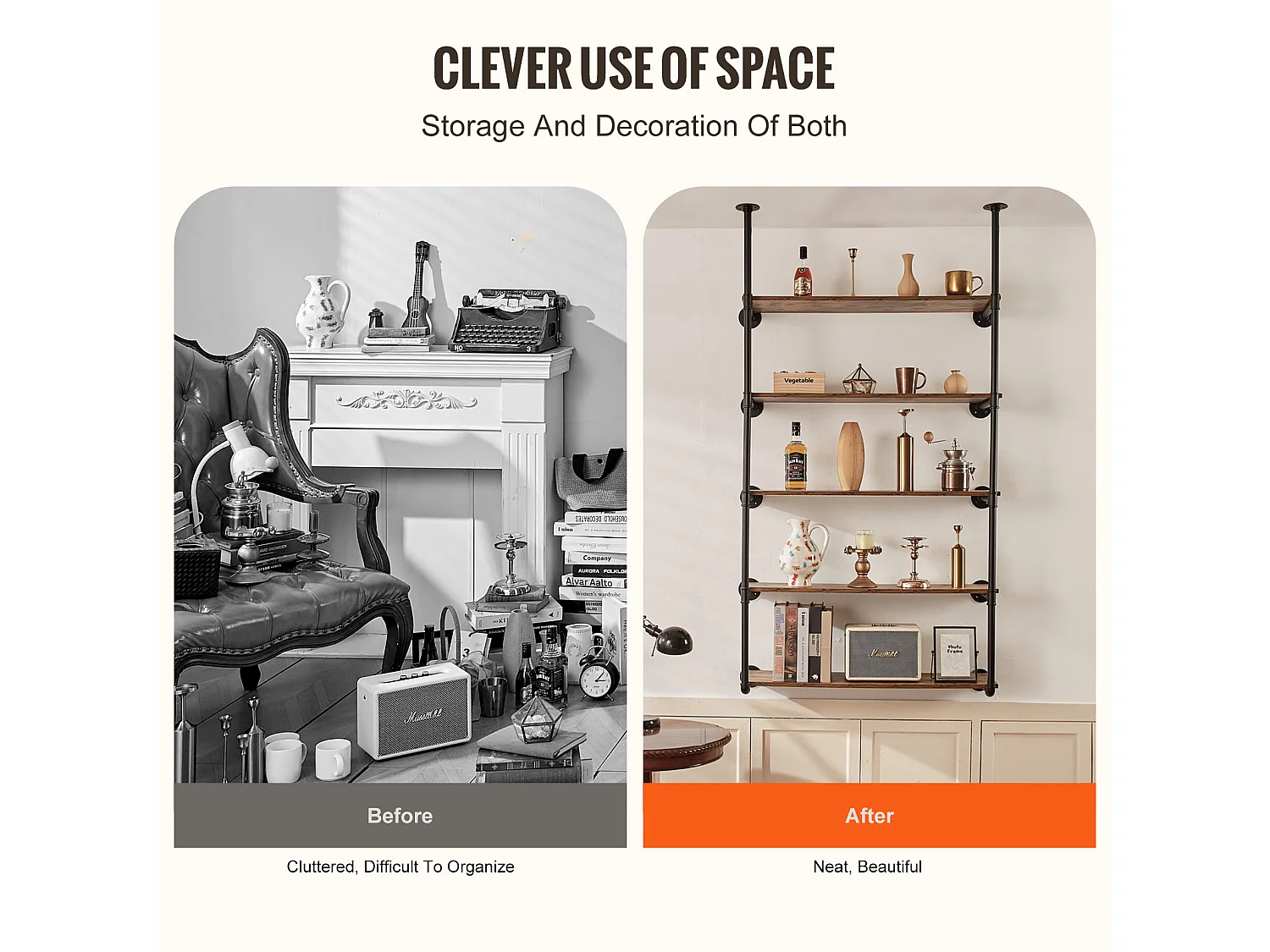 Étagère Murale Tuyau Industrielle SucceBuy, 5 Niveaux, Lot de 2, pour Planche 30 cm, Montage Mural, Rangement, Métal