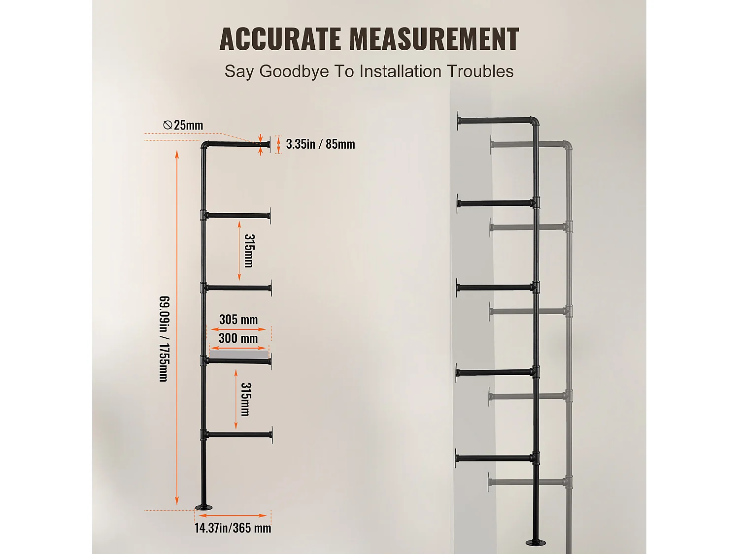 Étagère Murale Tuyau Industrielle SucceBuy, 5 Niveaux, Lot de 2, pour Planche 30 cm, Montage Mural, Rangement, Métal