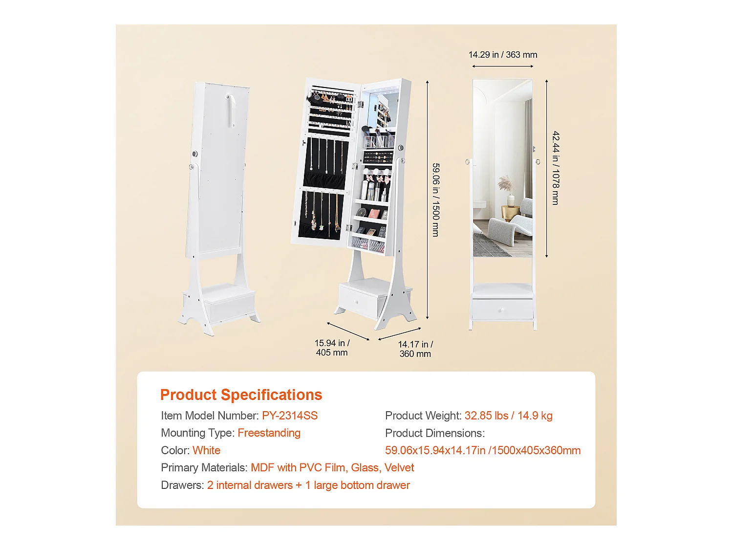 Armoire à Bijoux SucceBuy Armoire à Miroir sur Pied SucceBuy, Rangement, Complet, Blanc