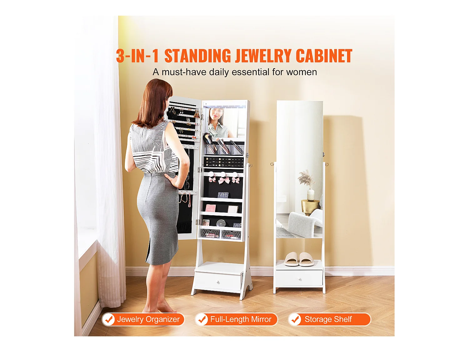 Armoire à Bijoux SucceBuy Armoire à Miroir sur Pied SucceBuy, Rangement, Complet, Blanc