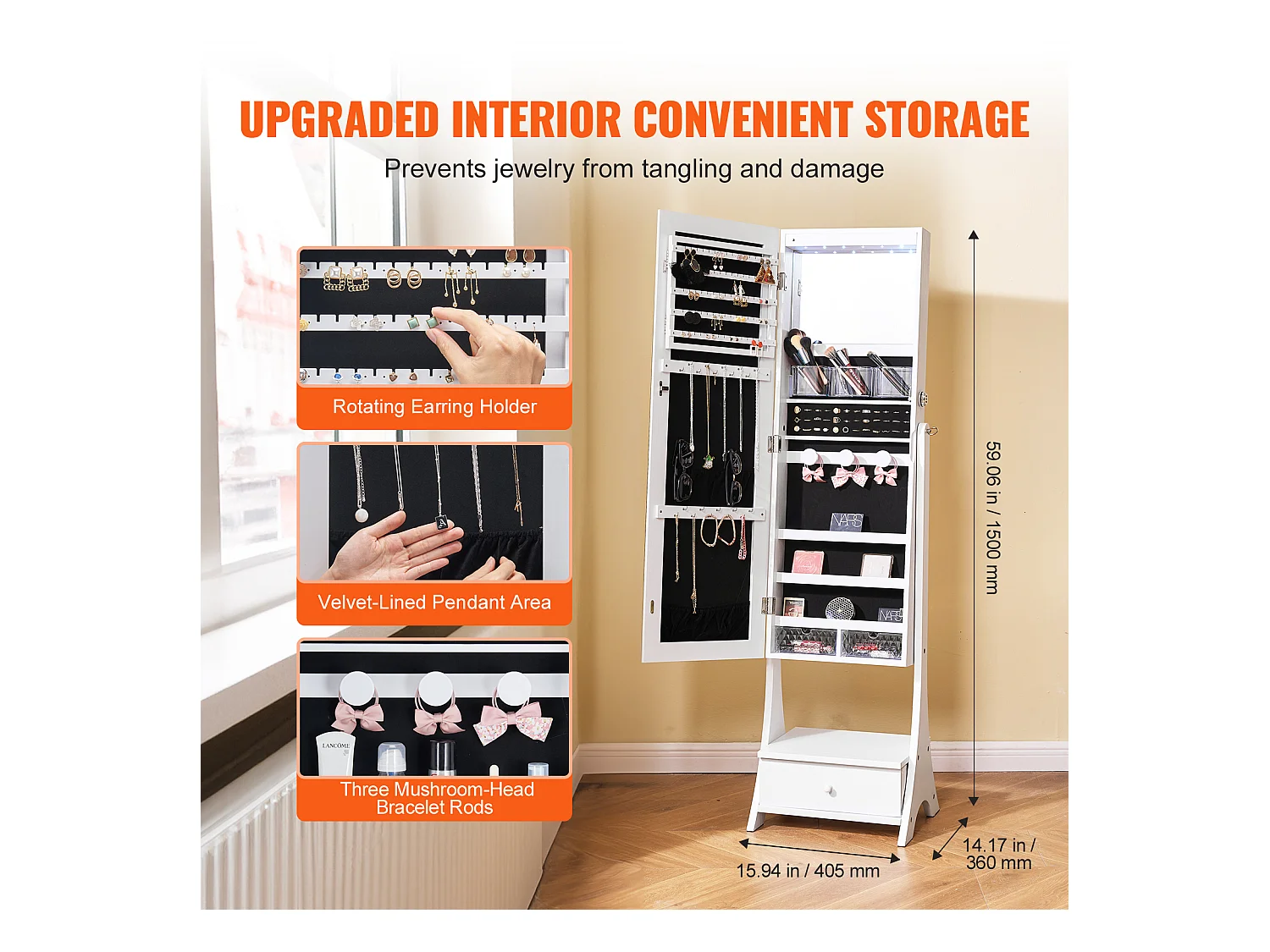 Armoire à Bijoux SucceBuy Armoire à Miroir sur Pied SucceBuy, Rangement, Complet, Blanc