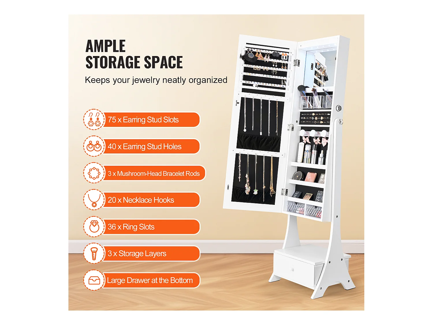 Armoire à Bijoux SucceBuy Armoire à Miroir sur Pied SucceBuy, Rangement, Complet, Blanc