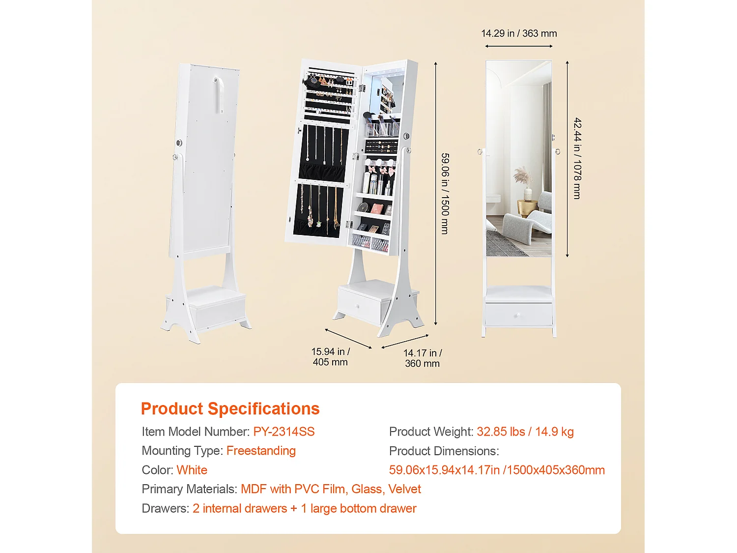 Mobiletto Portagioie SucceBuy Armadietto a Specchio con Supporto, Contenitore Completo, Bianco