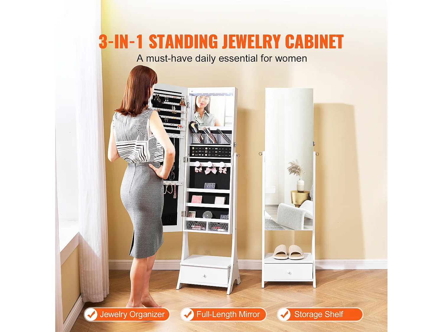 Mobiletto Portagioie SucceBuy Armadietto a Specchio con Supporto, Contenitore Completo, Bianco