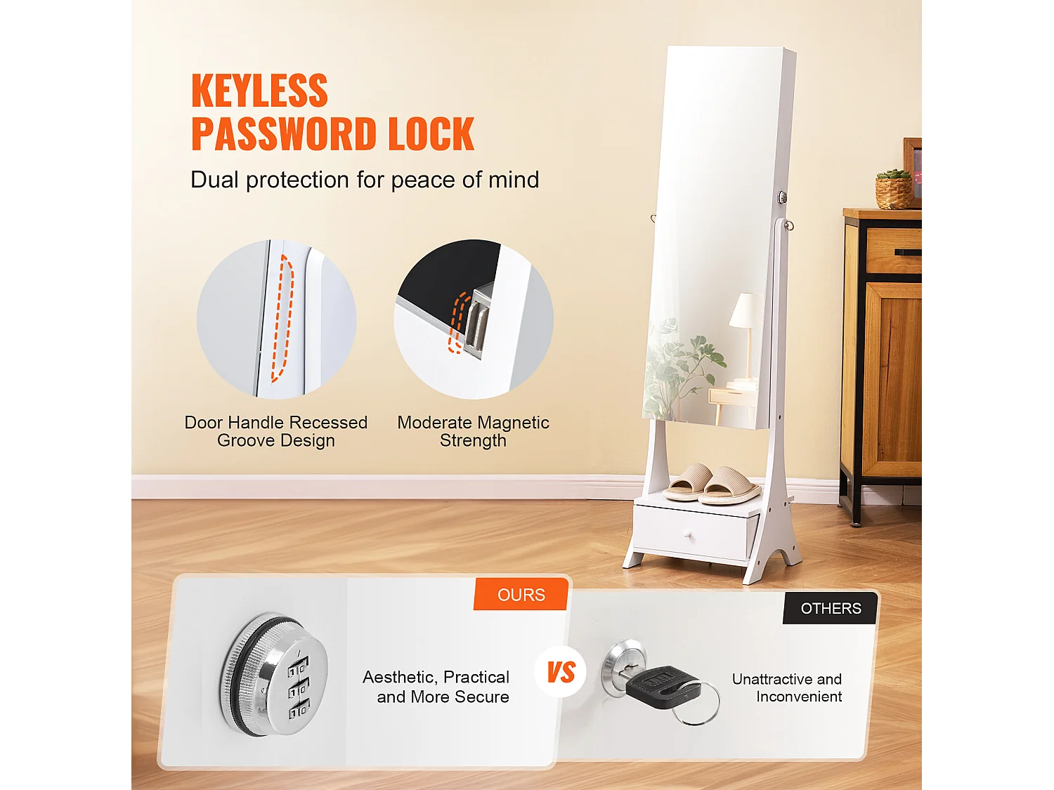 Mobiletto Portagioie SucceBuy Armadietto a Specchio con Supporto, Contenitore Completo, Bianco