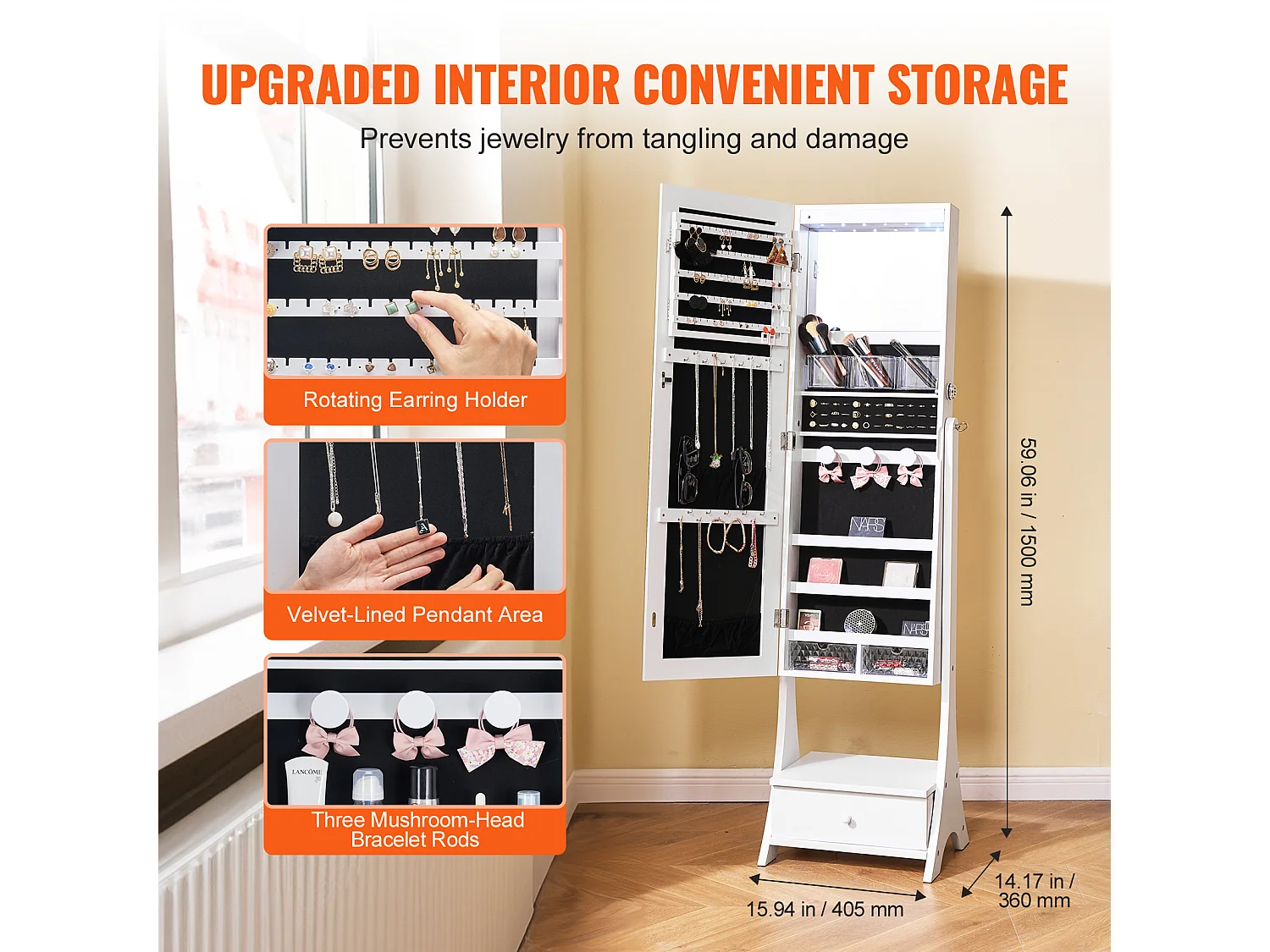 Mobiletto Portagioie SucceBuy Armadietto a Specchio con Supporto, Contenitore Completo, Bianco