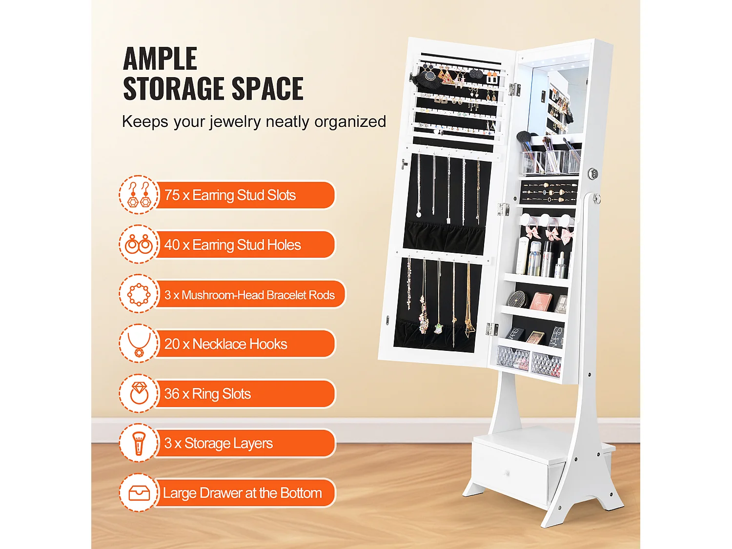 Mobiletto Portagioie SucceBuy Armadietto a Specchio con Supporto, Contenitore Completo, Bianco