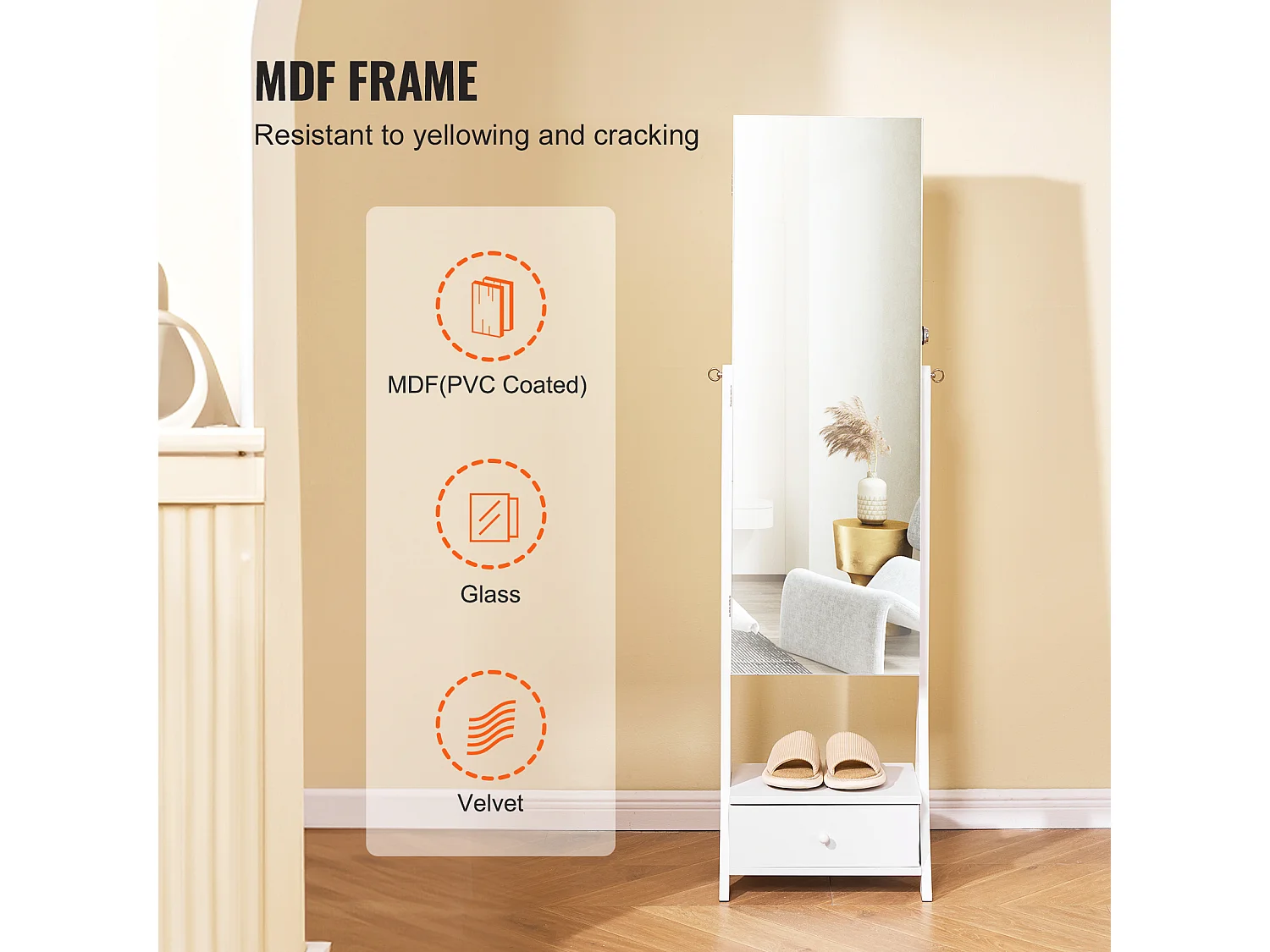 Mobiletto Portagioie SucceBuy Armadietto a Specchio con Supporto, Contenitore Completo, Bianco