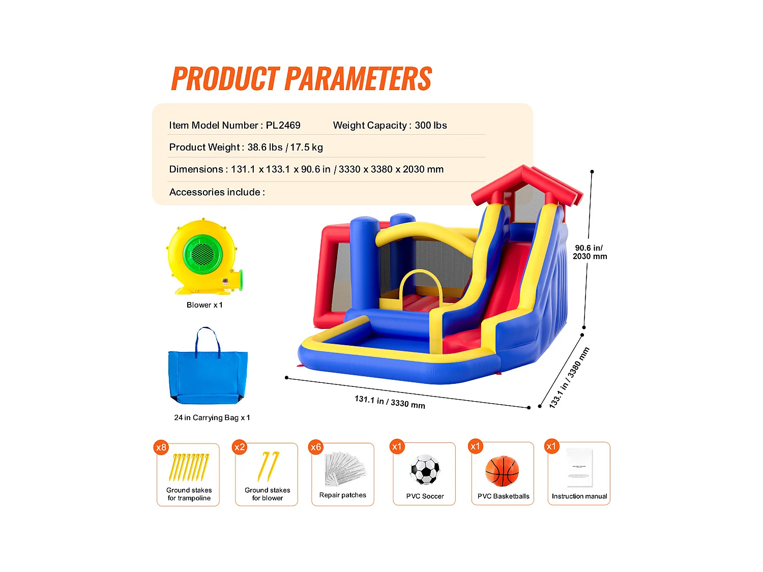 Château Gonflable SucceBuy, 333 x 338 x 203 cm, Divertissement en Plein Air, avec Souffleur, Toboggan et plus pour 3 à 8 ans