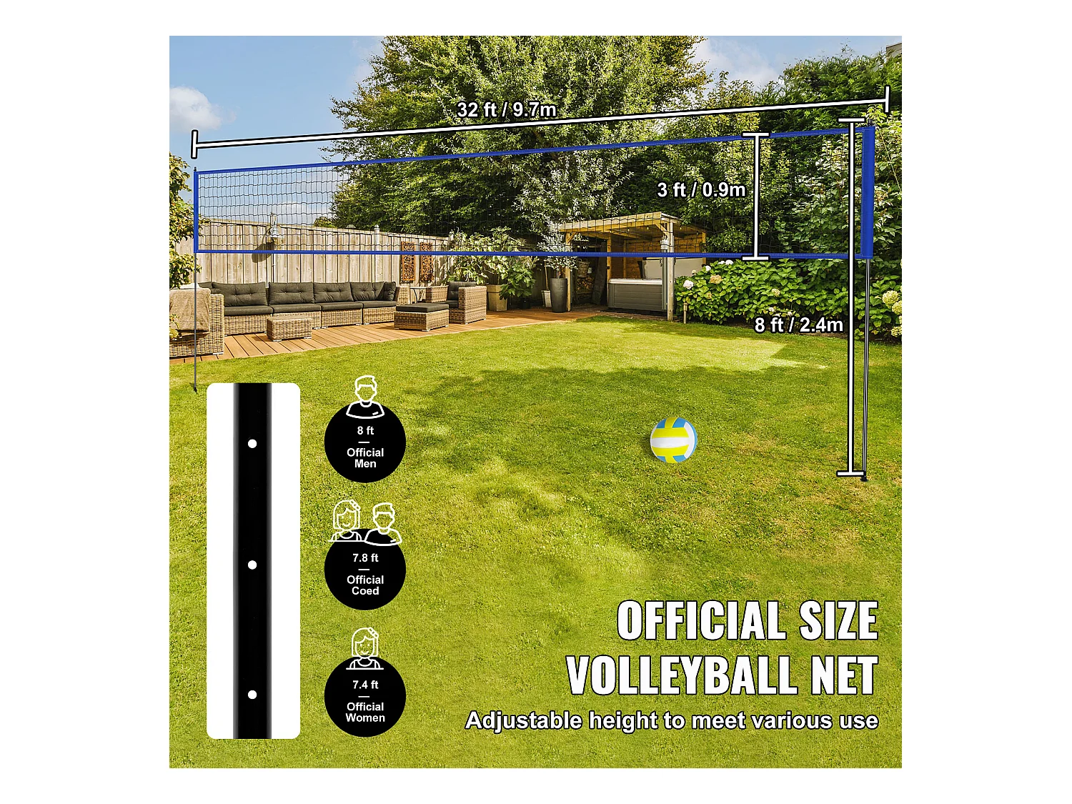 Filet de Badminton, SucceBuy Système de Filet de Volley-ball Portable d'Extérieur, Poteaux à Hauteur Réglable, Sac de Transport