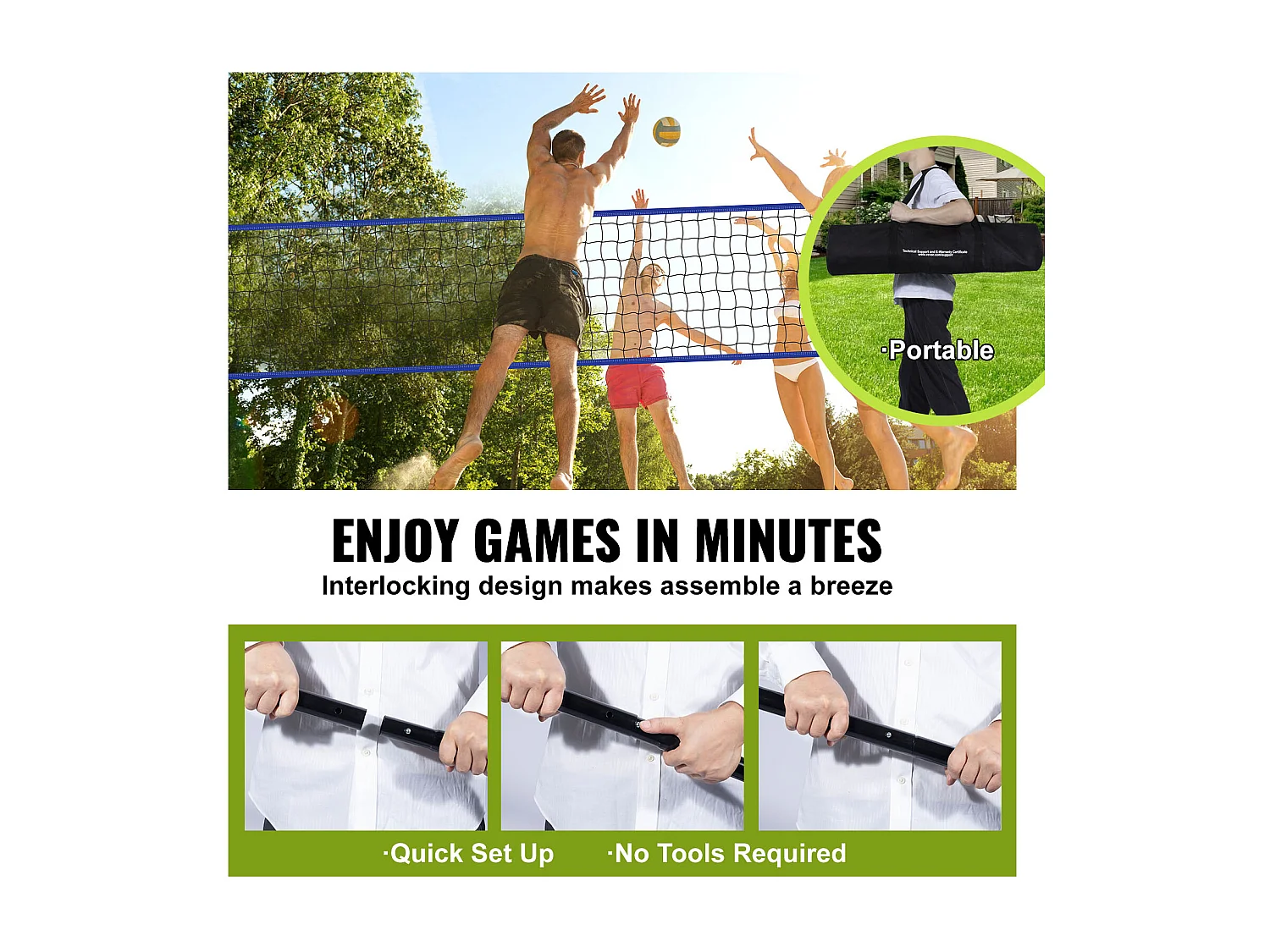 Filet de Badminton, SucceBuy Système de Filet de Volley-ball Portable d'Extérieur, Poteaux à Hauteur Réglable, Sac de Transport