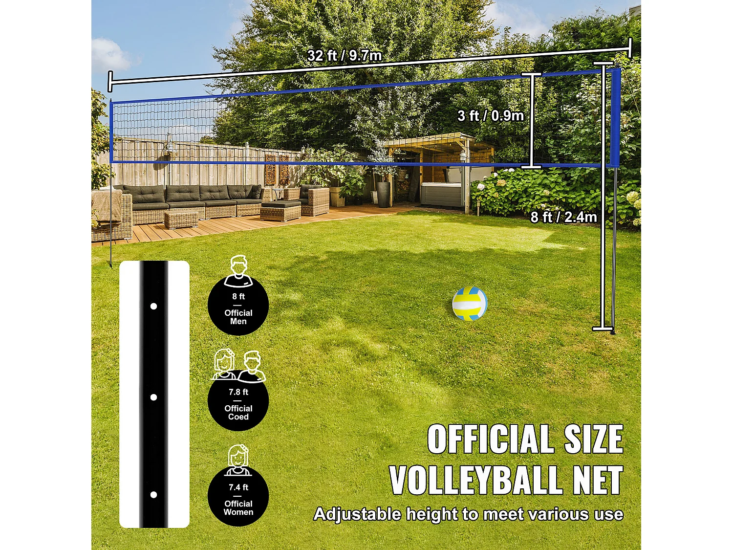 Filet de Badminton, SucceBuy Système de Filet de Volley-ball Portable d'Extérieur, Poteaux à Hauteur Réglable, Sac de Transport