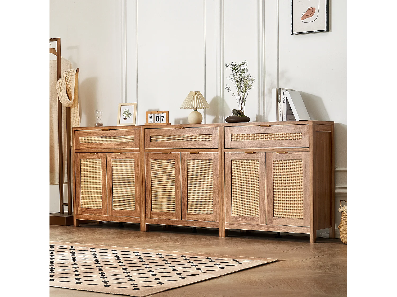 Armoire de Rangement SucceBuy Ensemble de 3 Armoires en Rotin, Étages Réglables pour Un Rangement Spacieux dans le Couloir, l'Entrée, le Salon