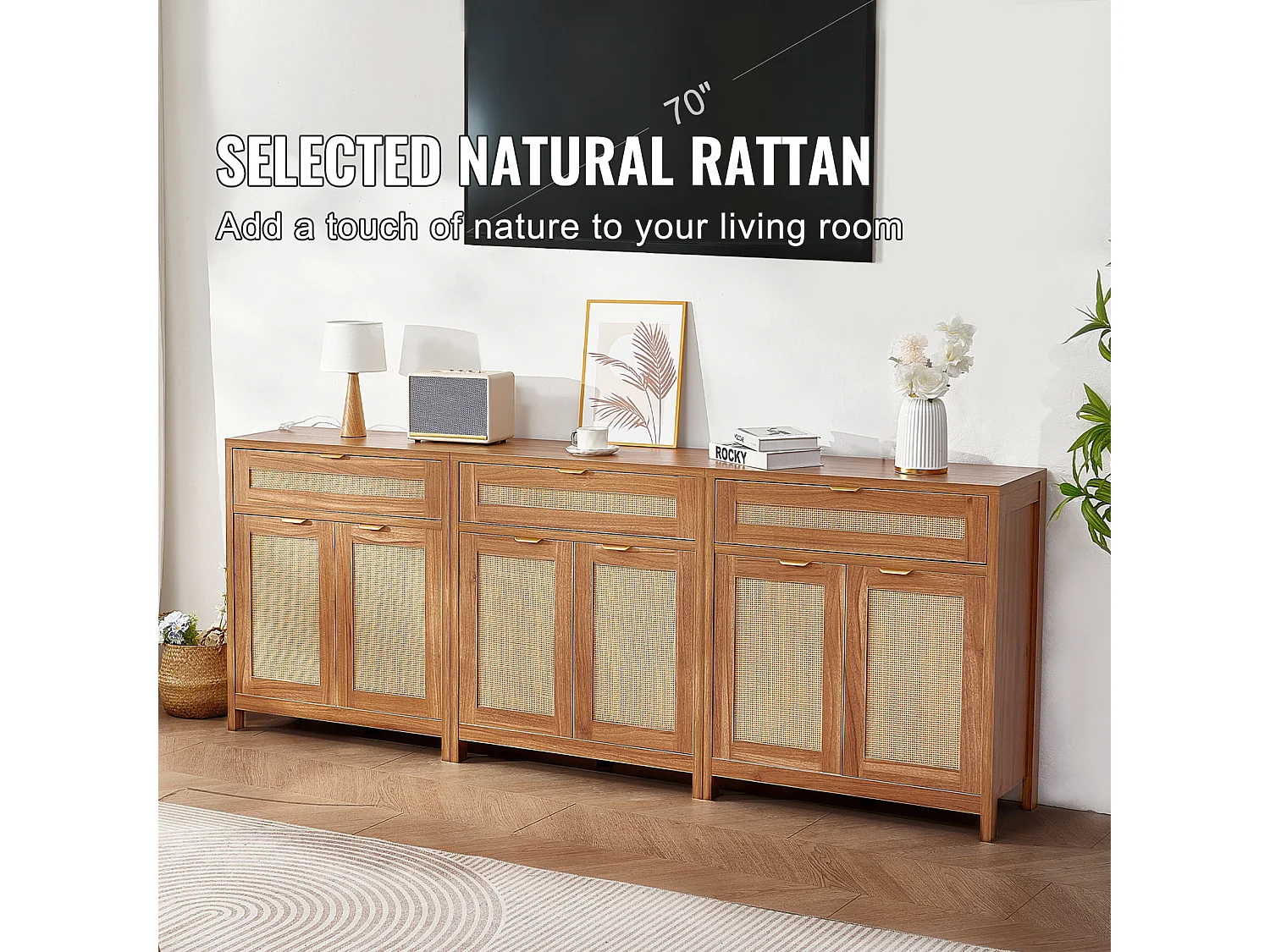 Armoire de Rangement SucceBuy Ensemble de 3 Armoires en Rotin, Étages Réglables pour Un Rangement Spacieux dans le Couloir, l'Entrée, le Salon