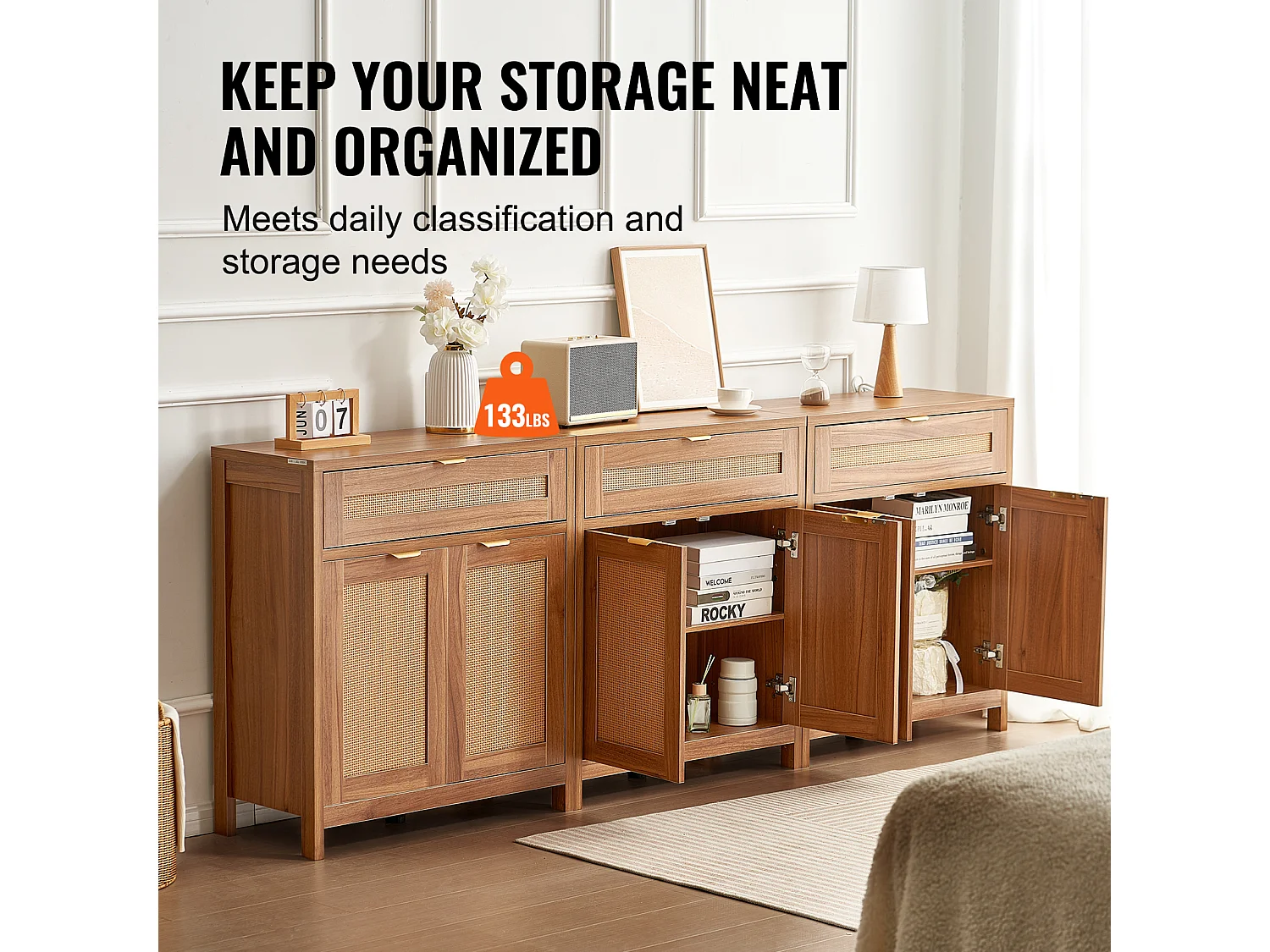 Armoire de Rangement SucceBuy Ensemble de 3 Armoires en Rotin, Étages Réglables pour Un Rangement Spacieux dans le Couloir, l'Entrée, le Salon