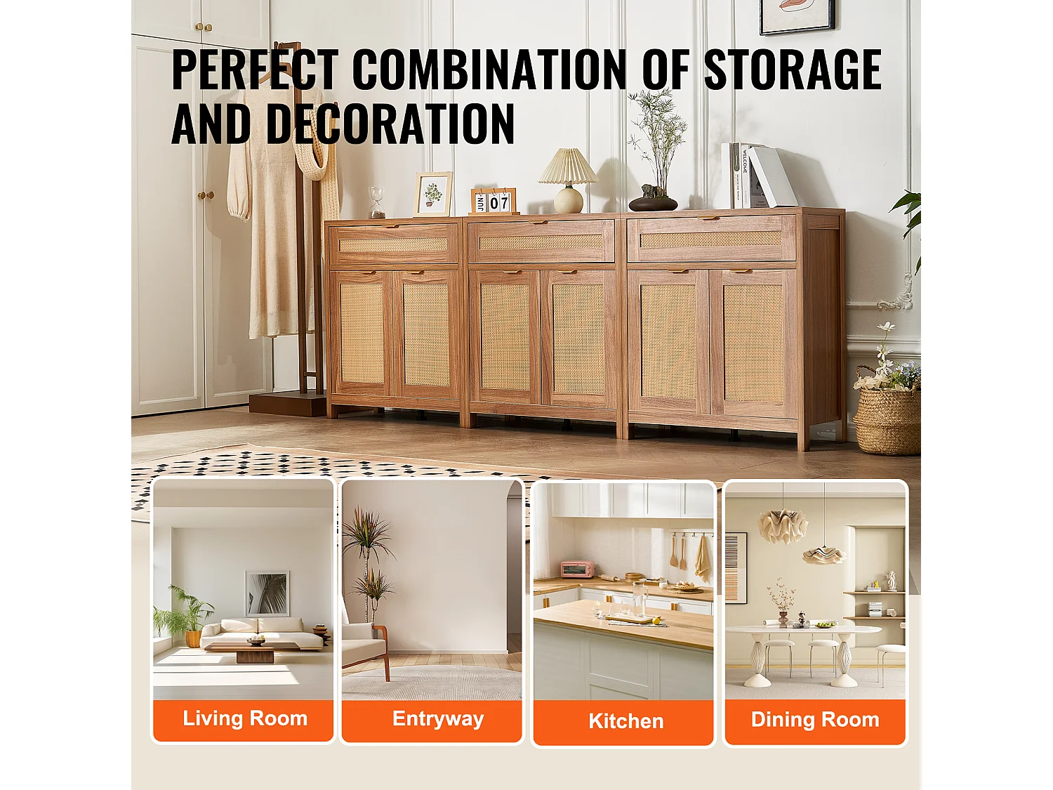 Armoire de Rangement SucceBuy Ensemble de 3 Armoires en Rotin, Étages Réglables pour Un Rangement Spacieux dans le Couloir, l'Entrée, le Salon