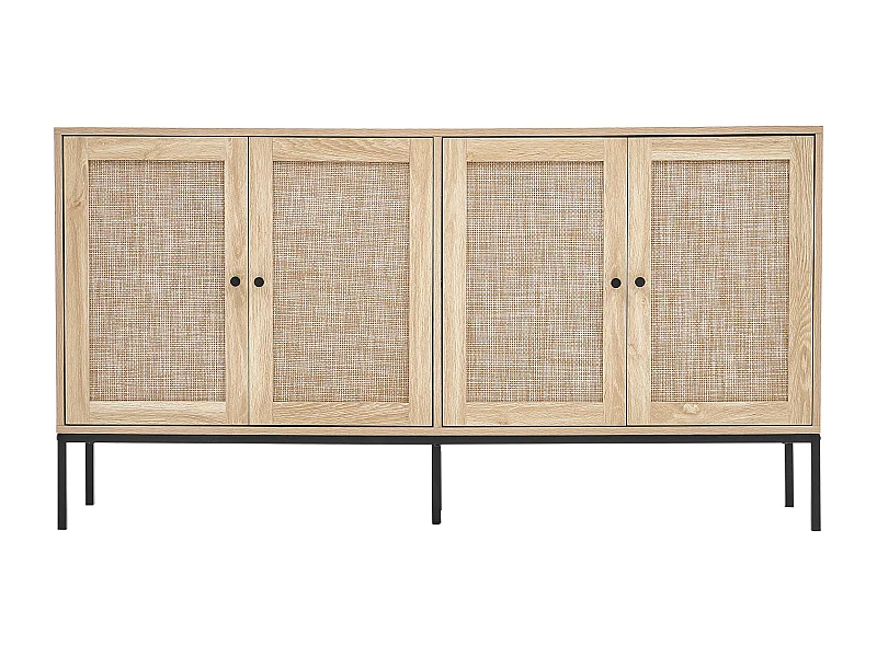 Szafa Magazynowa SucceBuy Szafa z Rattanu z 4 Drzwiami Magnetycznymi i Regulowanymi Półkami, na Korytarz, Salon, Kuchnię - Wykończenie Naturalne