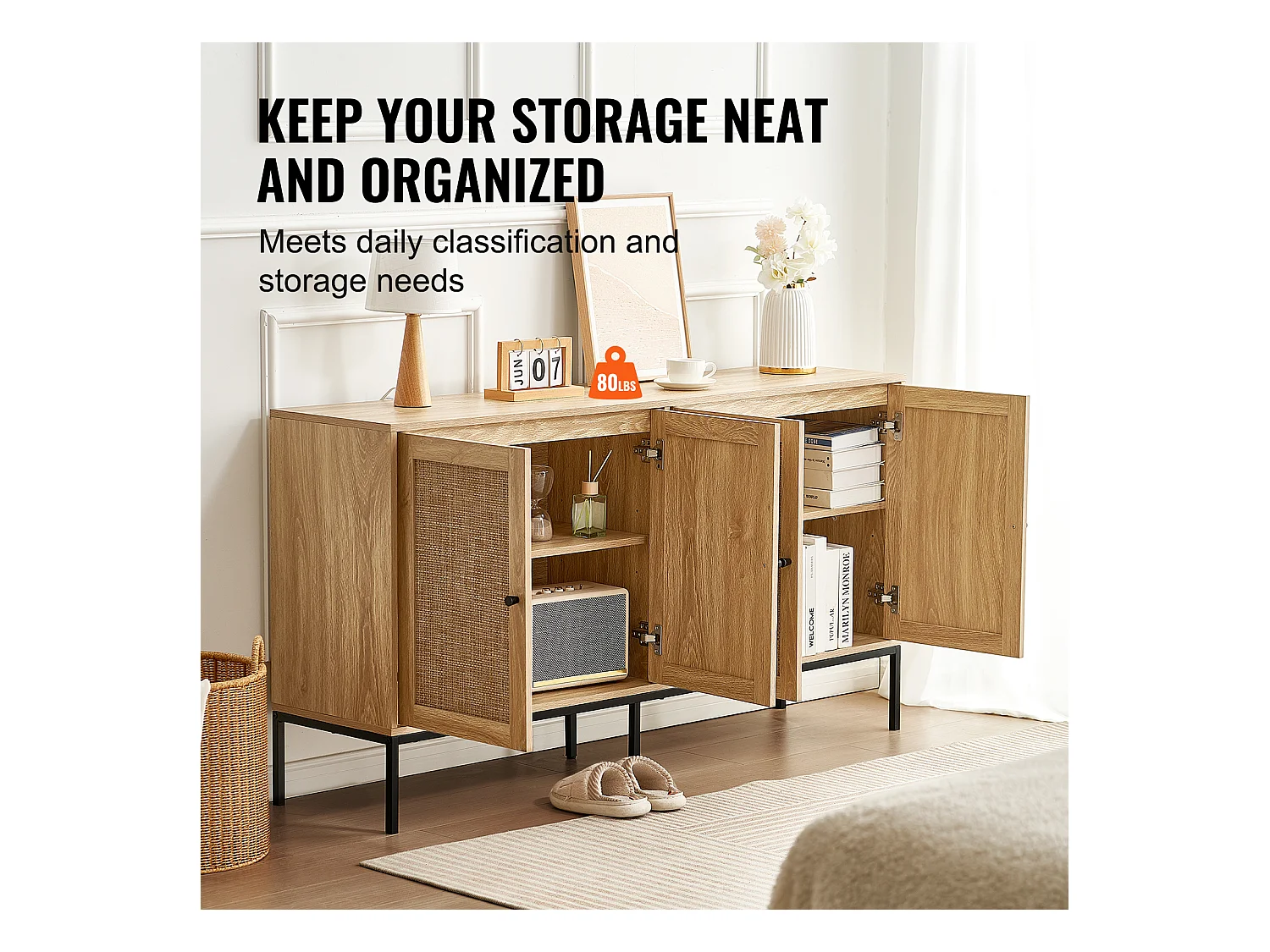 Armoire de Rangement SucceBuy Armoire en Rotin avec 4 Portes Magnétiques et Étages Réglables, pour Couloir, Salon, Cuisine - Finition Naturelle