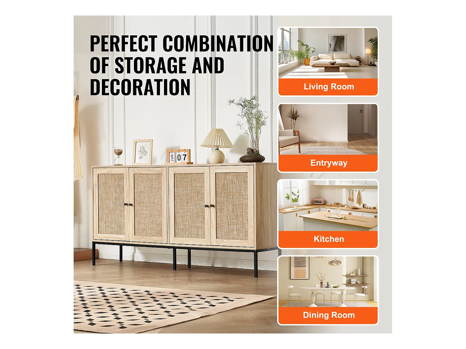 Armoire de Rangement SucceBuy Armoire en Rotin avec 4 Portes Magnétiques et Étages Réglables, pour Couloir, Salon, Cuisine - Finition Naturelle