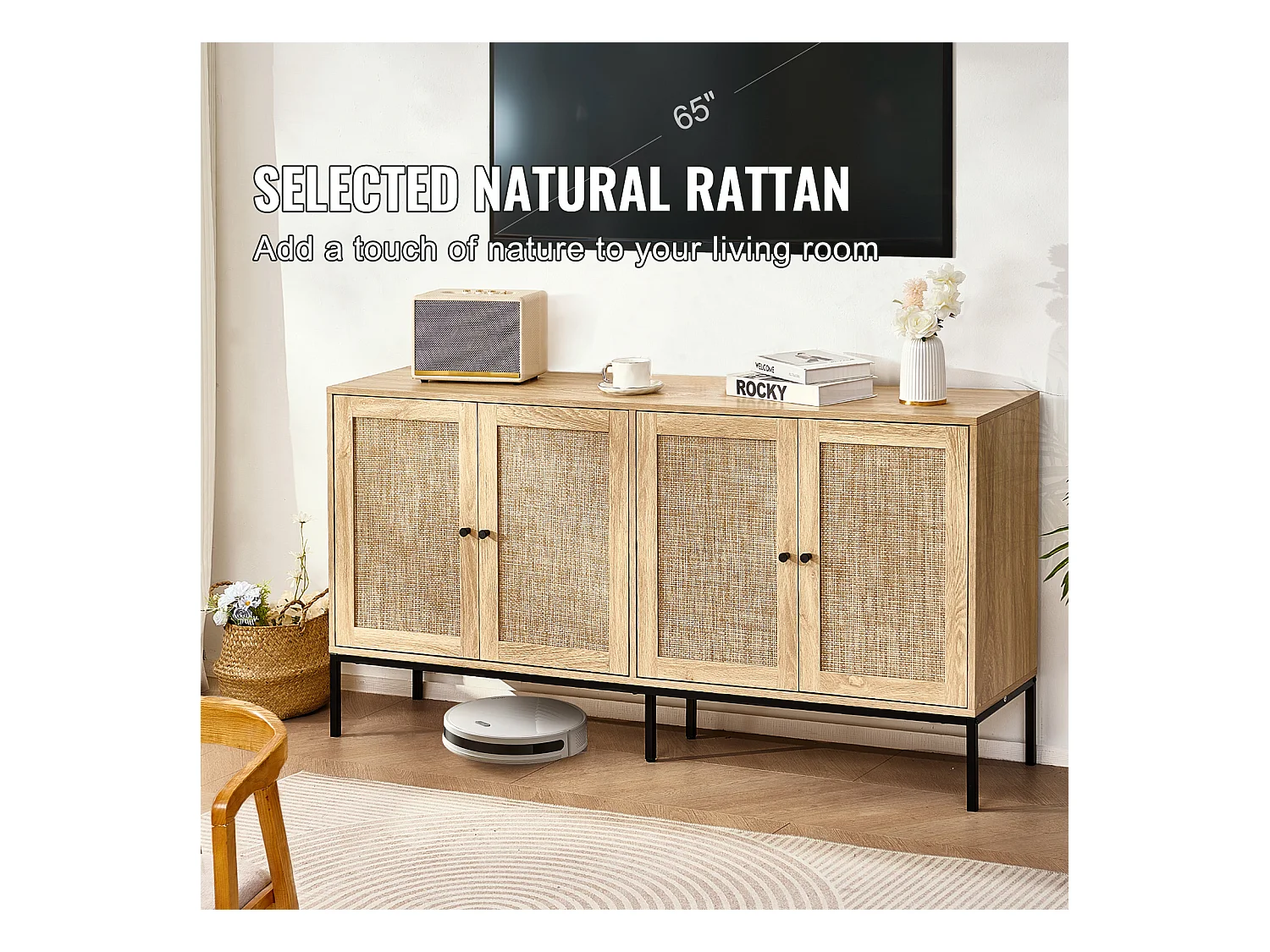 Armário de Armazenamento SucceBuy Armário de Rattan com 4 Portas Magnéticas e Prateleiras Ajustáveis, para Corredor, Sala de Estar, Cozinha - Acabamento Natural