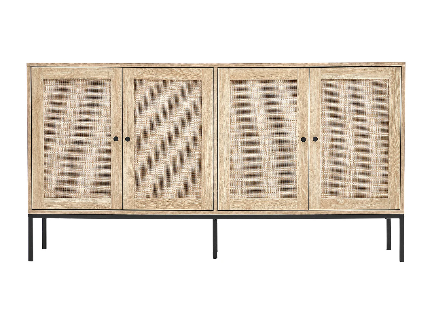 Opbergkast SucceBuy Kast van Rotan met 4 Magnetische Deuren en Verstelbare Planken, voor Gang, Woonkamer, Keuken - Natuurlijke Afwerking