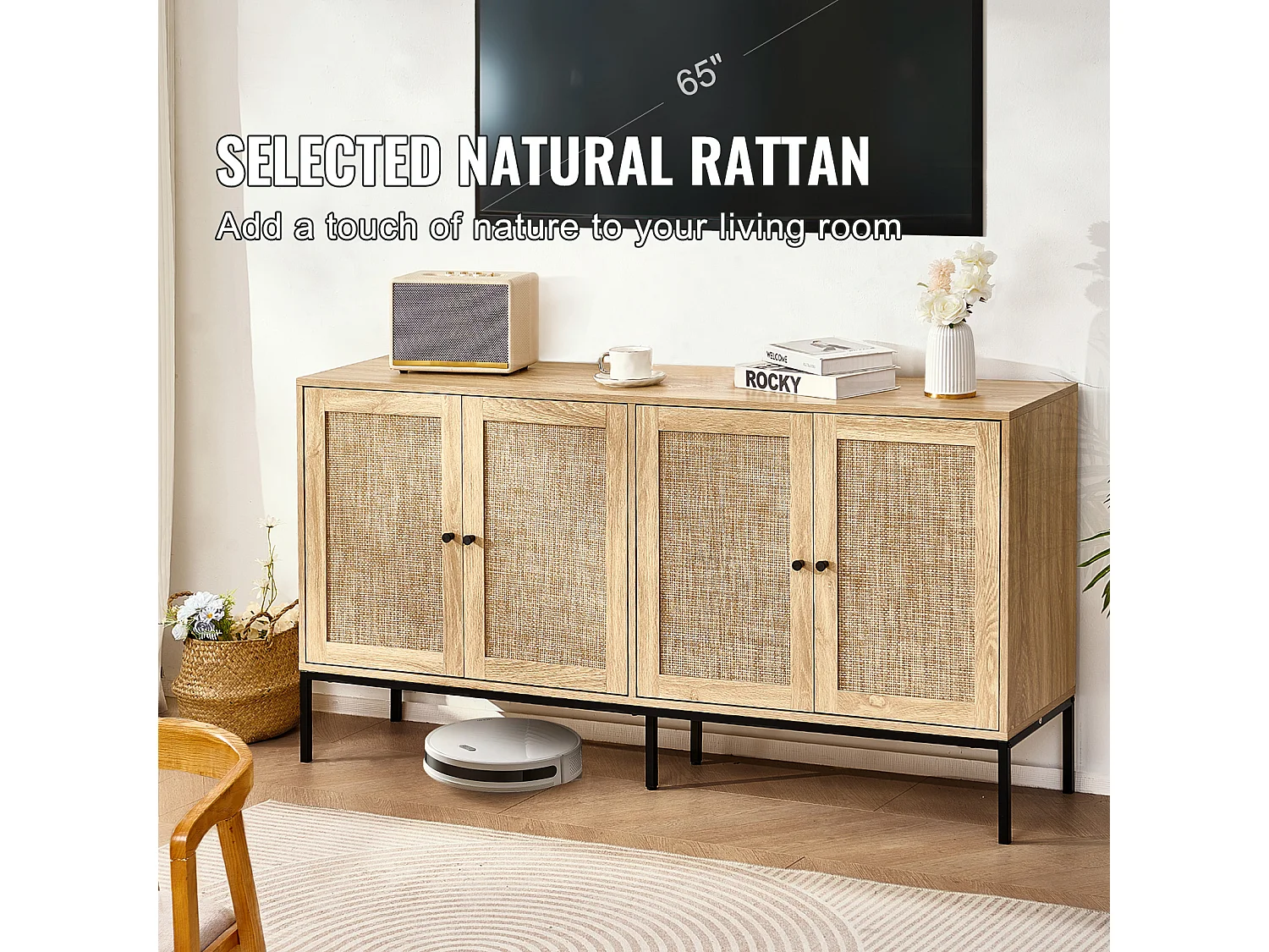 Opbergkast SucceBuy Kast van Rotan met 4 Magnetische Deuren en Verstelbare Planken, voor Gang, Woonkamer, Keuken - Natuurlijke Afwerking