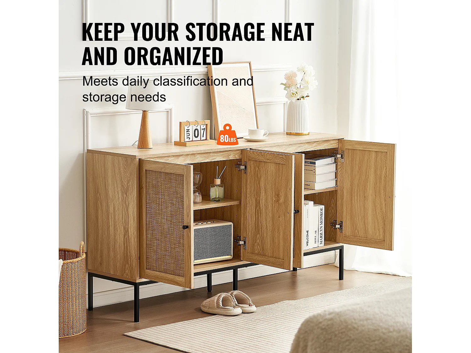 Opbergkast SucceBuy Kast van Rotan met 4 Magnetische Deuren en Verstelbare Planken, voor Gang, Woonkamer, Keuken - Natuurlijke Afwerking