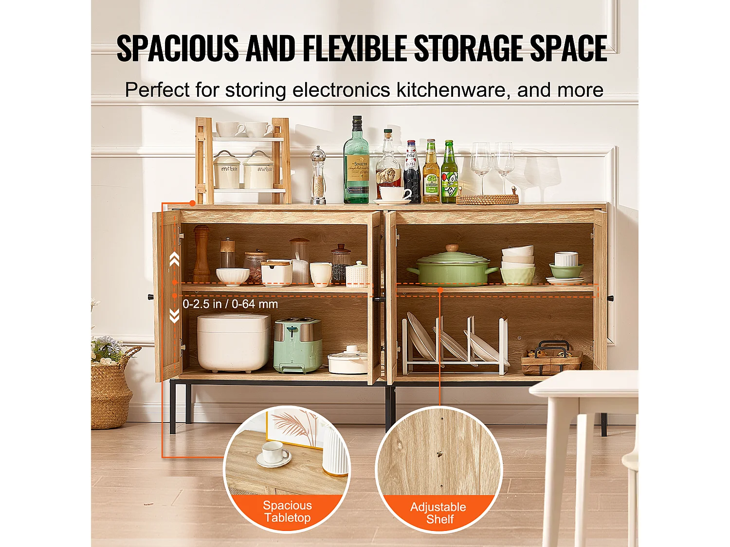 Opbergkast SucceBuy Kast van Rotan met 4 Magnetische Deuren en Verstelbare Planken, voor Gang, Woonkamer, Keuken - Natuurlijke Afwerking