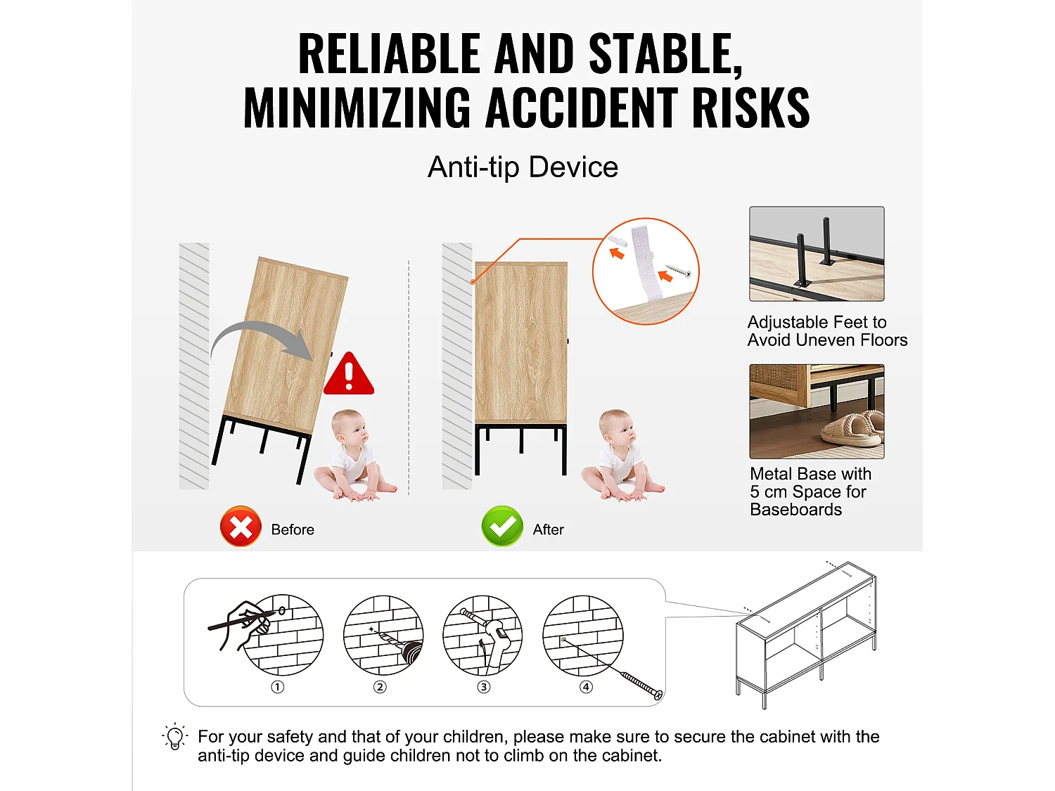 Opbergkast SucceBuy Kast van Rotan met 4 Magnetische Deuren en Verstelbare Planken, voor Gang, Woonkamer, Keuken - Natuurlijke Afwerking