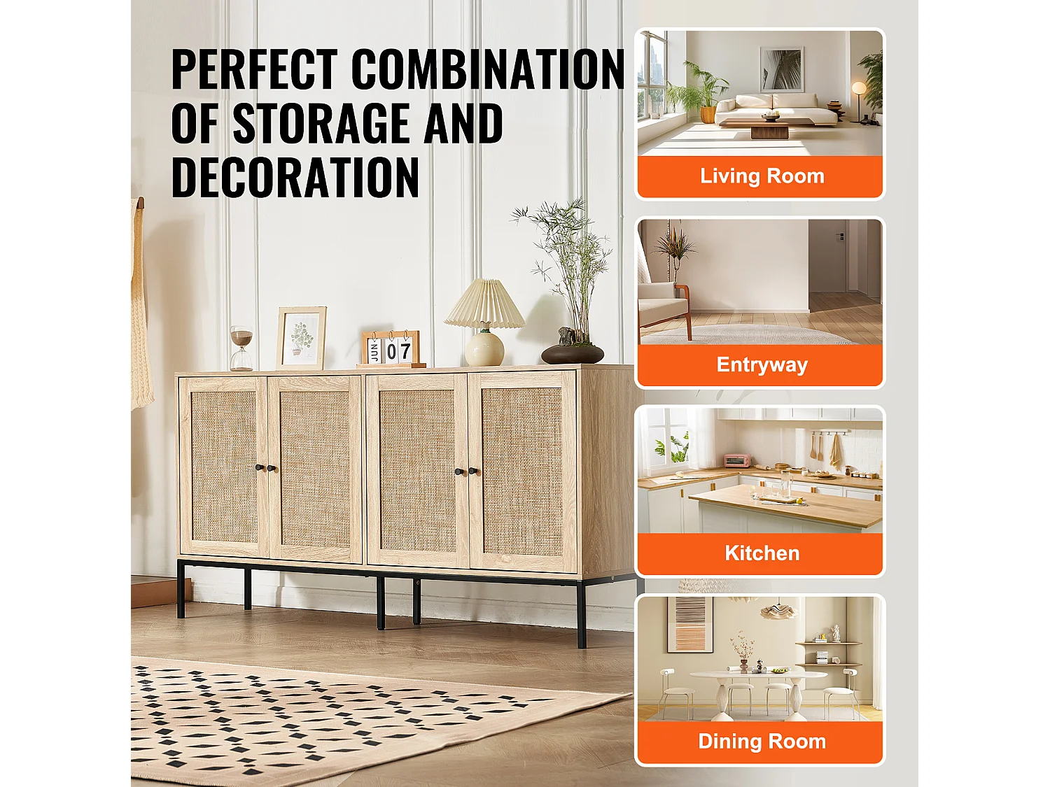 Opbergkast SucceBuy Kast van Rotan met 4 Magnetische Deuren en Verstelbare Planken, voor Gang, Woonkamer, Keuken - Natuurlijke Afwerking